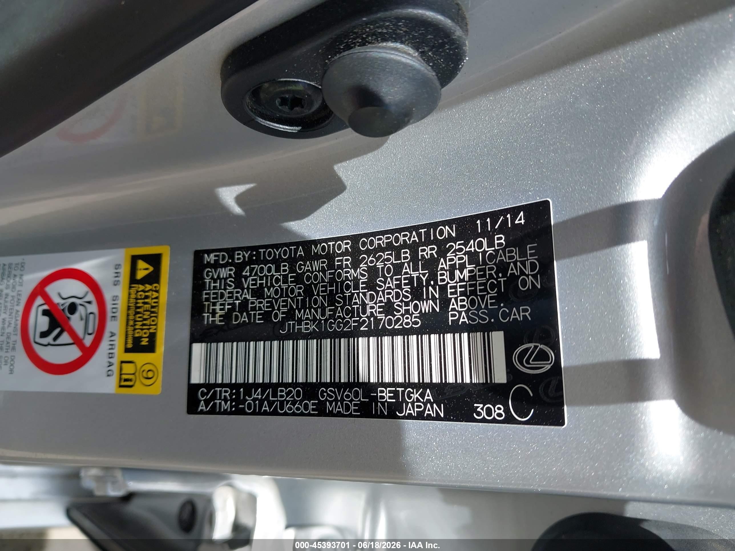 2015 Lexus Es 350   Silver vin: JTHBK1GG2F2170285