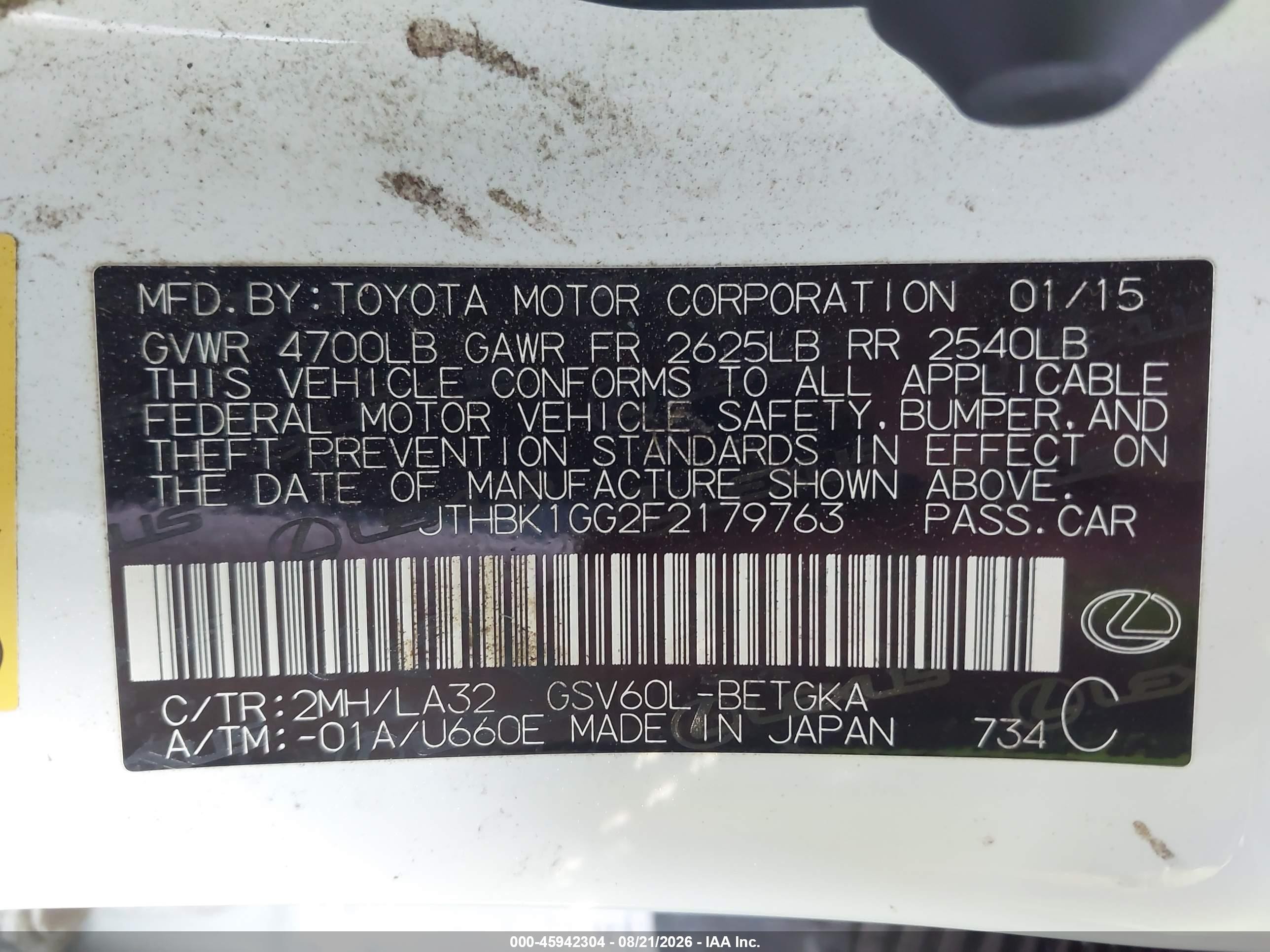 2015 Lexus Es 350 Crafted Line White vin: JTHBK1GG2F2179763