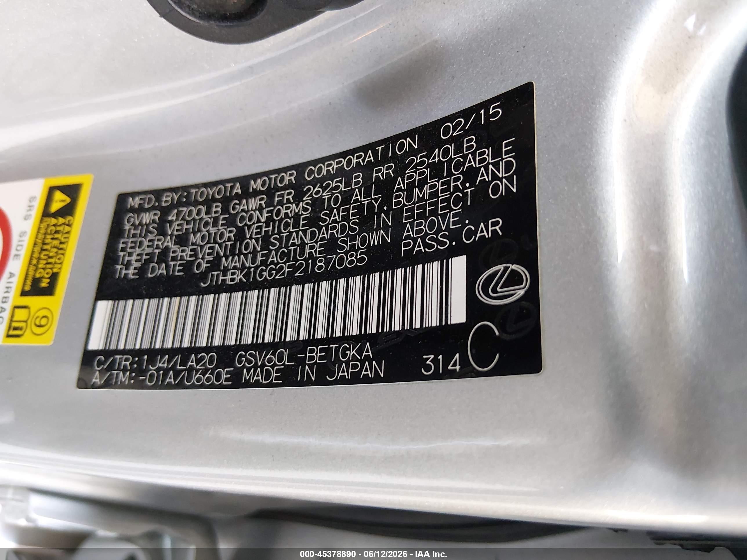 2015 Lexus Es 350   Серебряный vin: JTHBK1GG2F2187085