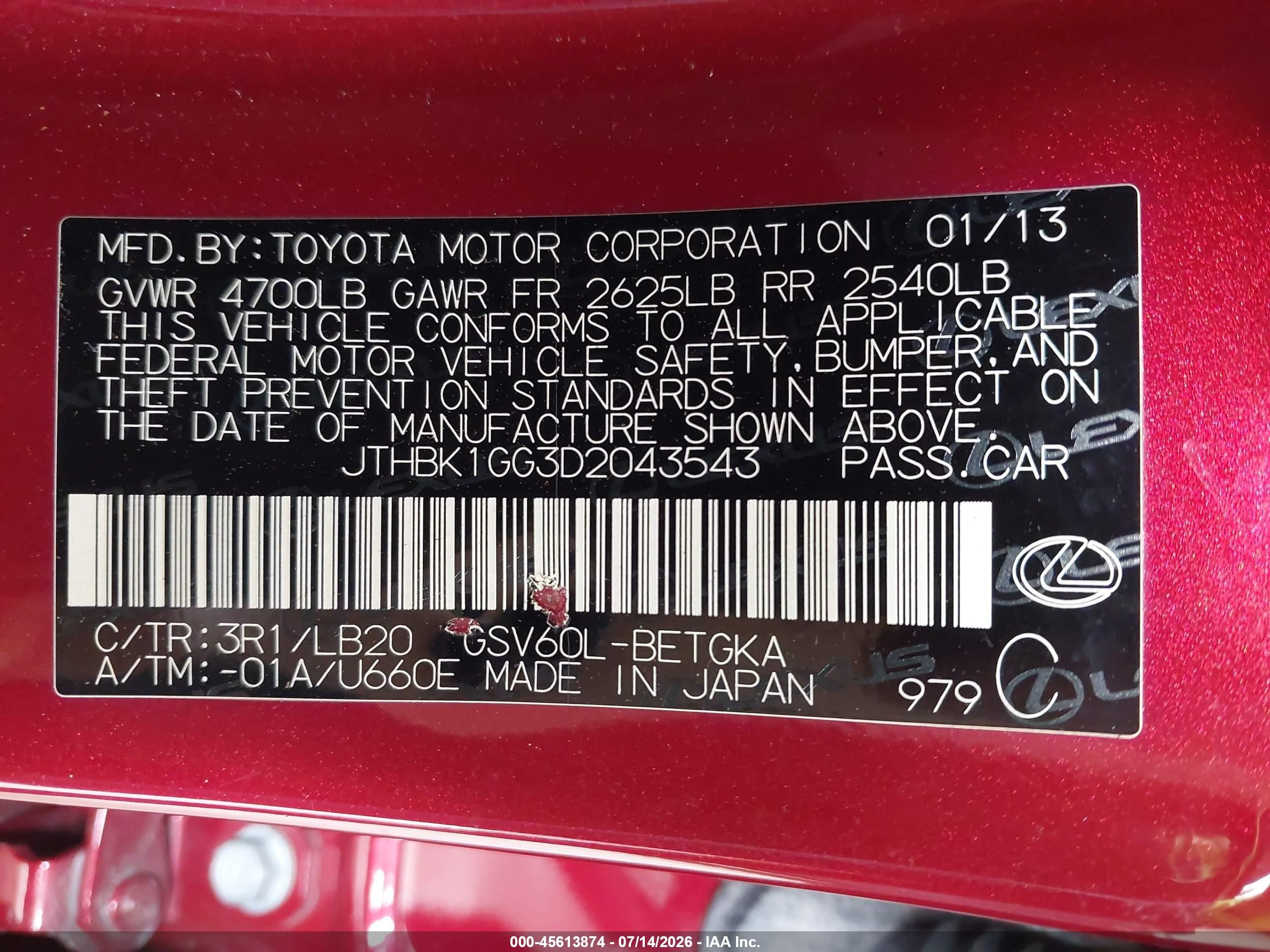 2013 Lexus Es 350   Red vin: JTHBK1GG3D2043543