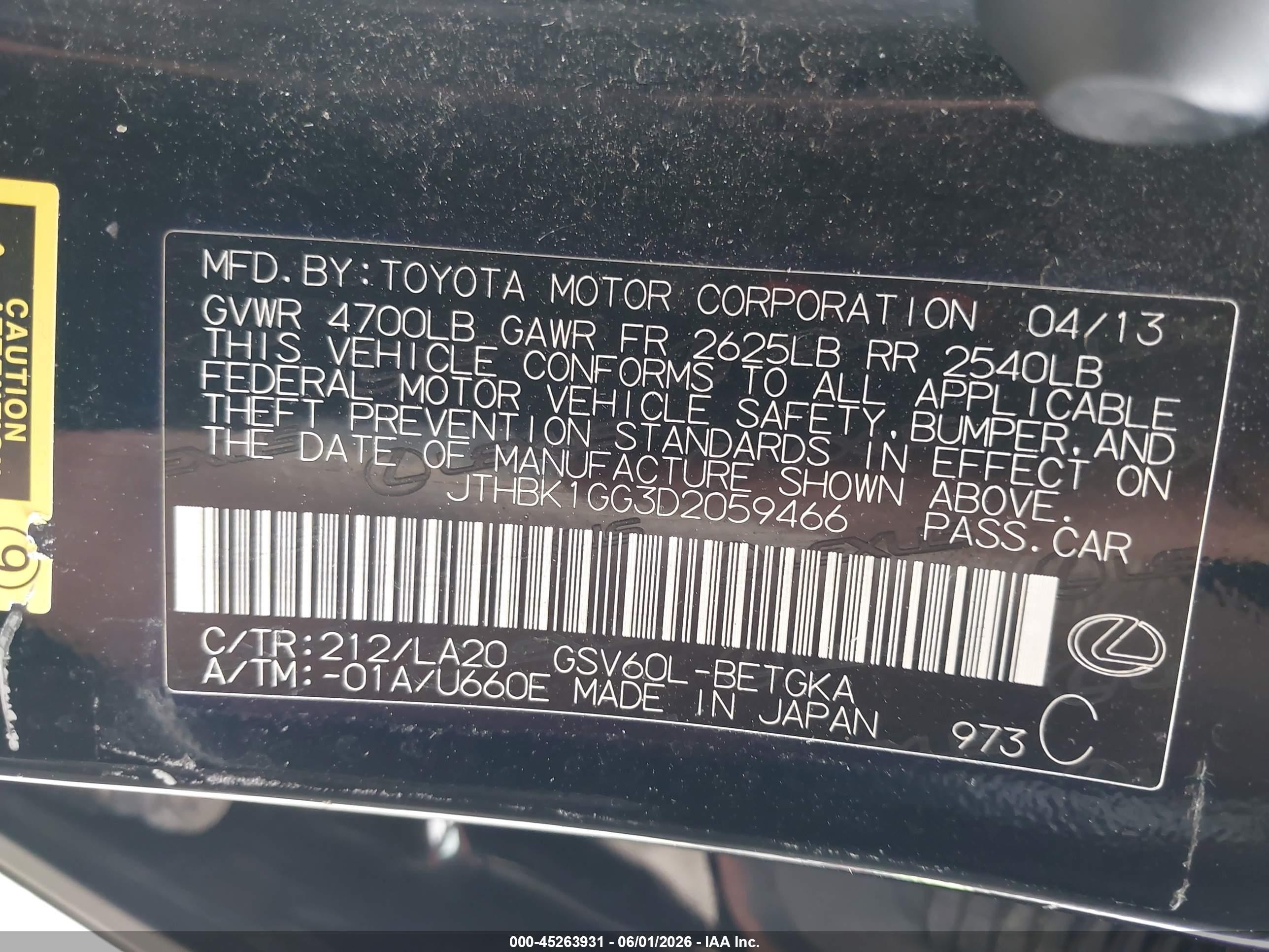 2013 Lexus Es 350   Black vin: JTHBK1GG3D2059466