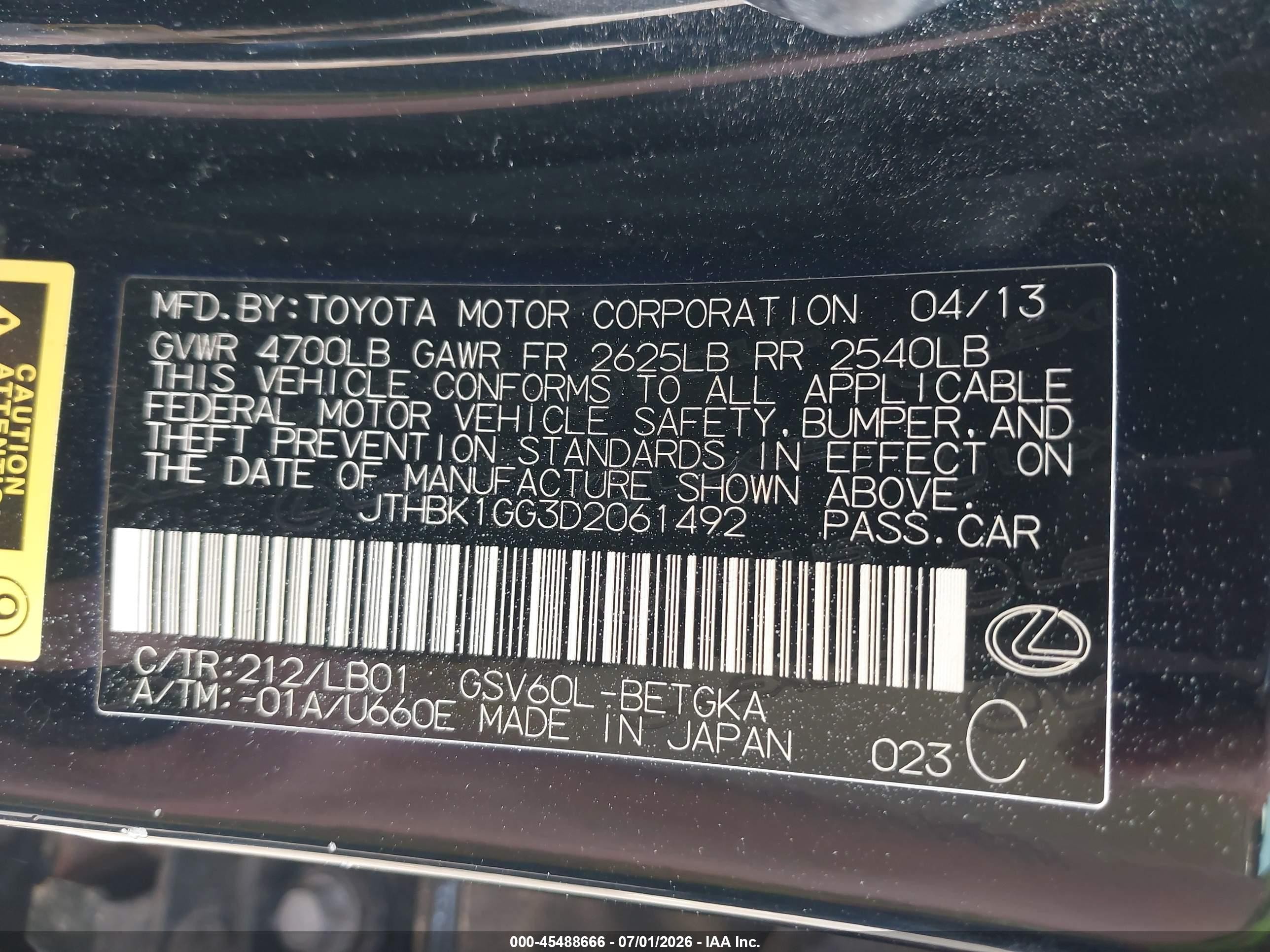 2013 Lexus Es 350 Black vin: JTHBK1GG3D2061492