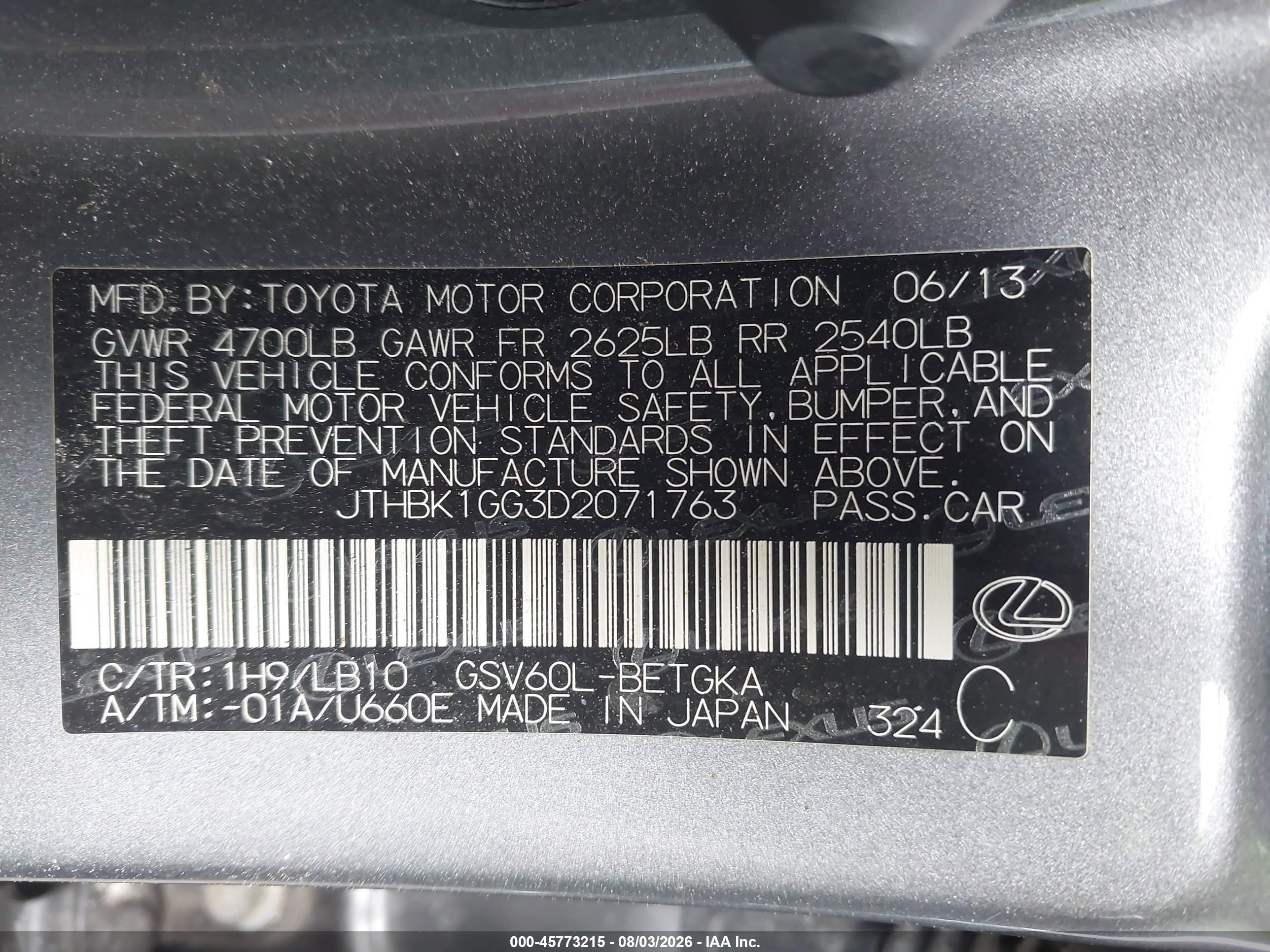 2013 Lexus Es 350   Gray vin: JTHBK1GG3D2071763