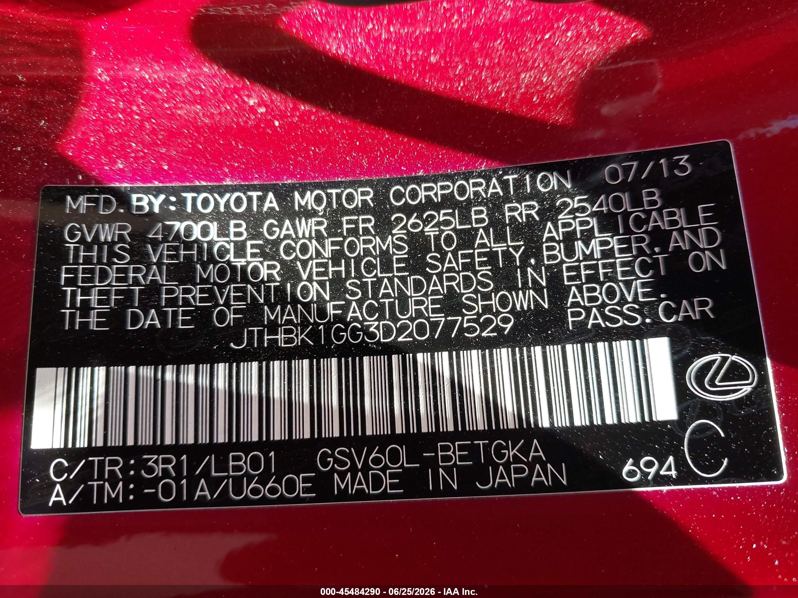 2013 Lexus Es 350   Red vin: JTHBK1GG3D2077529