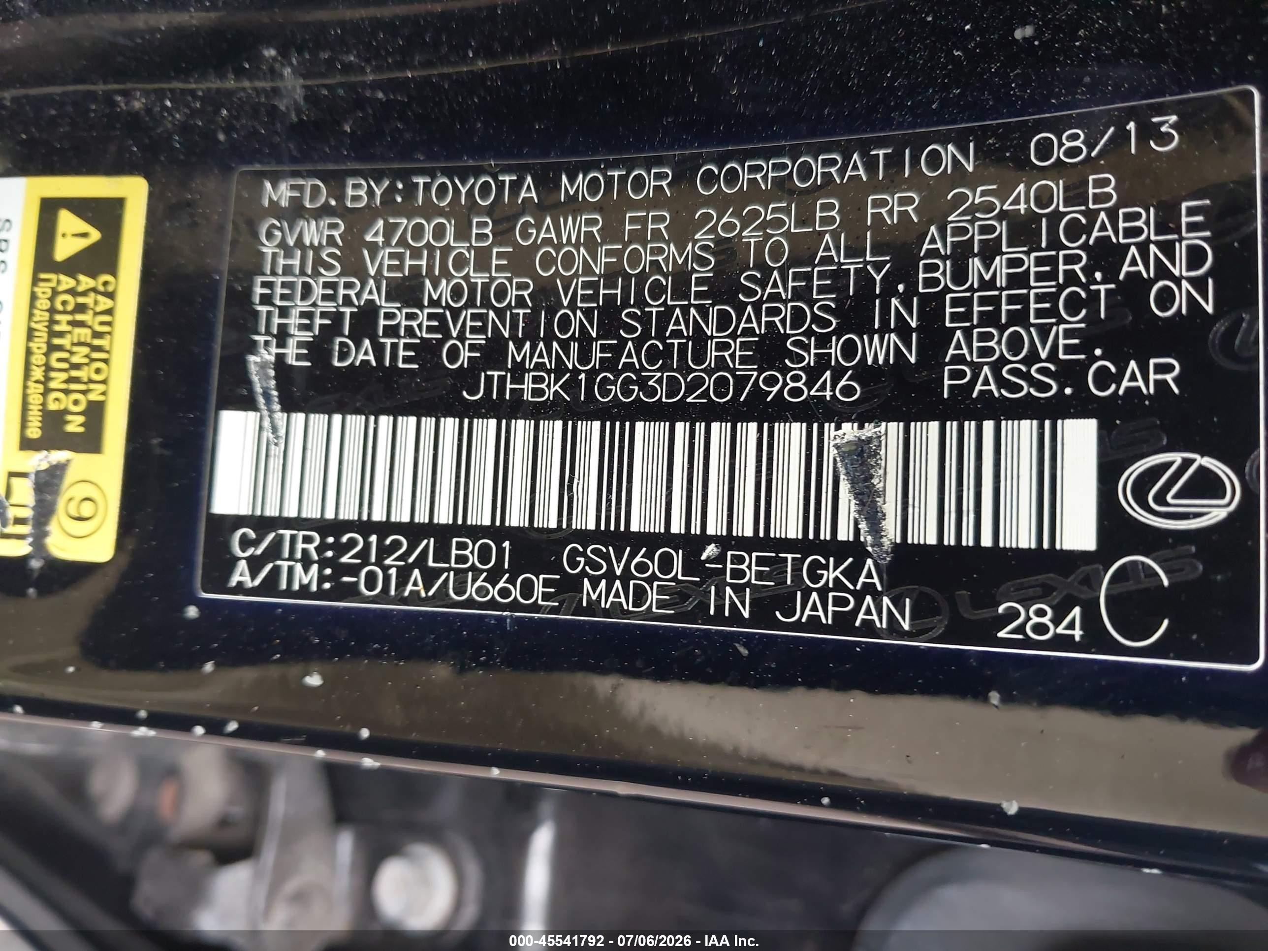 2013 Lexus Es 350   Black vin: JTHBK1GG3D2079846