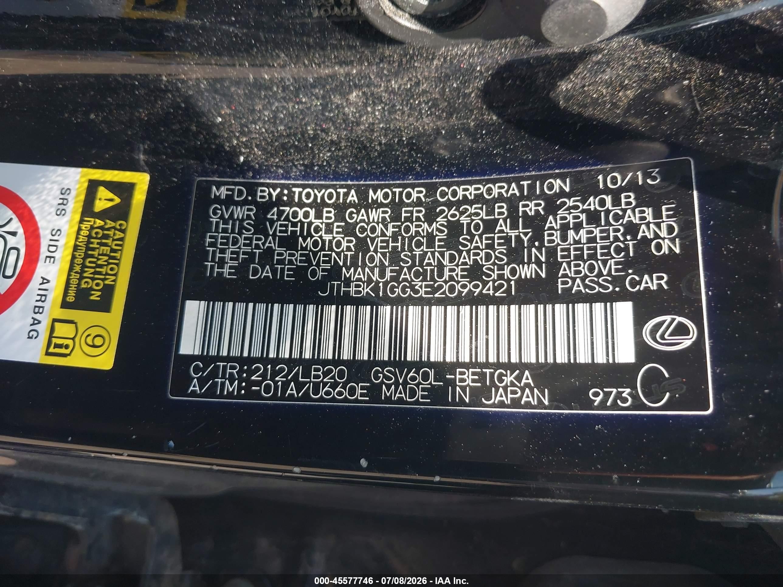 2014 Lexus Es 350   Black vin: JTHBK1GG3E2099421