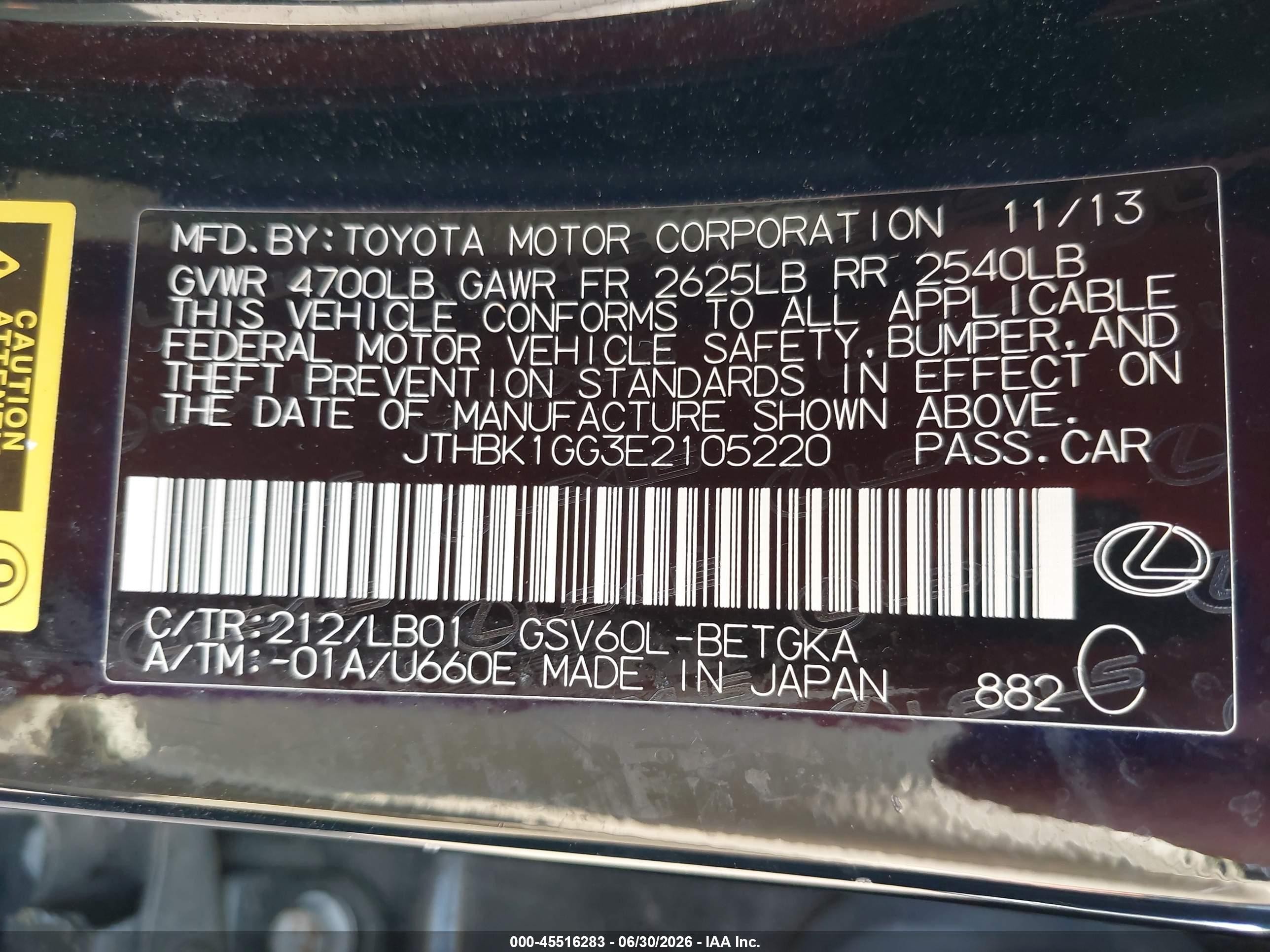2014 Lexus Es 350   Black vin: JTHBK1GG3E2105220
