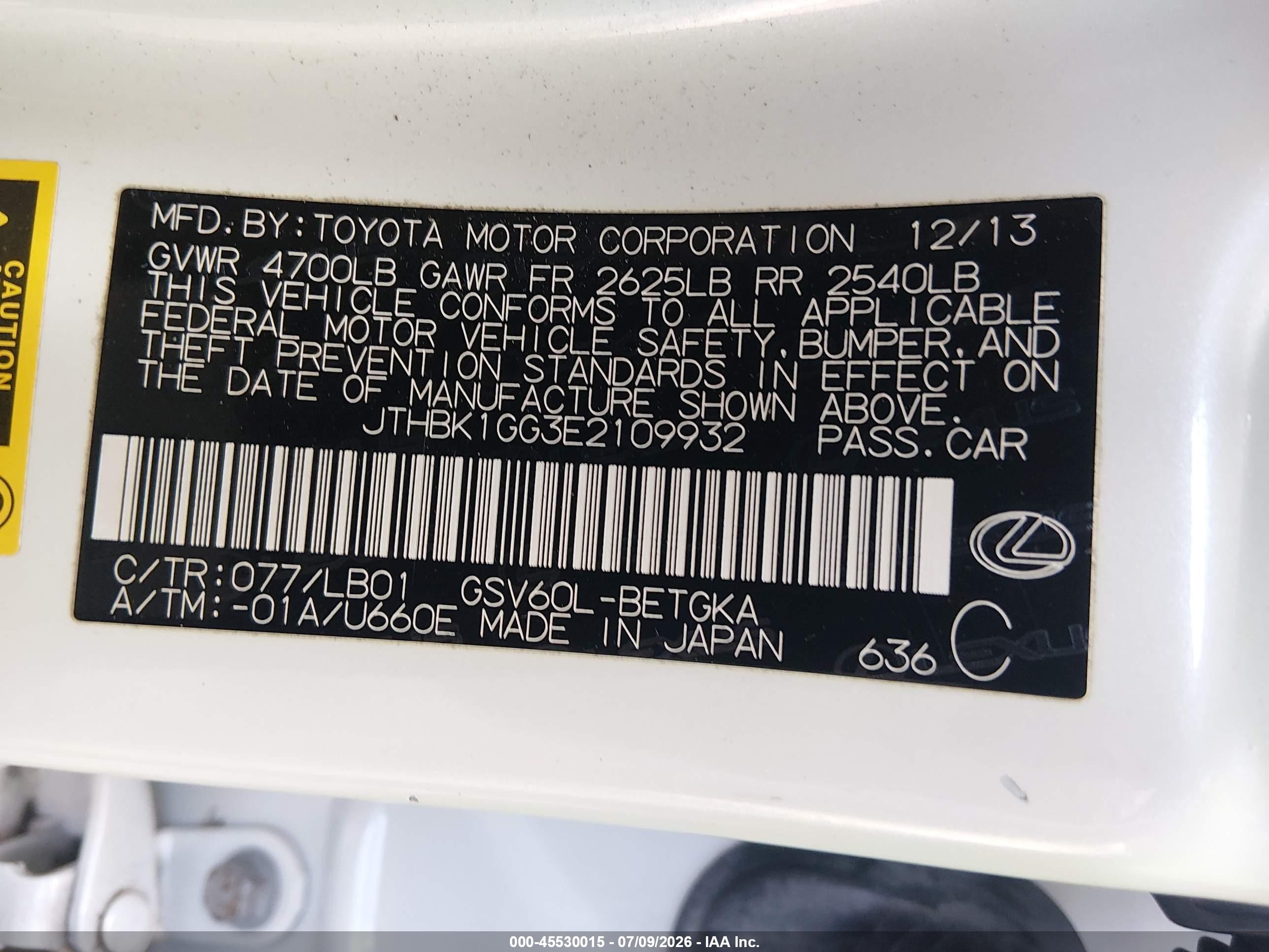2014 Lexus Es 350   White vin: JTHBK1GG3E2109932