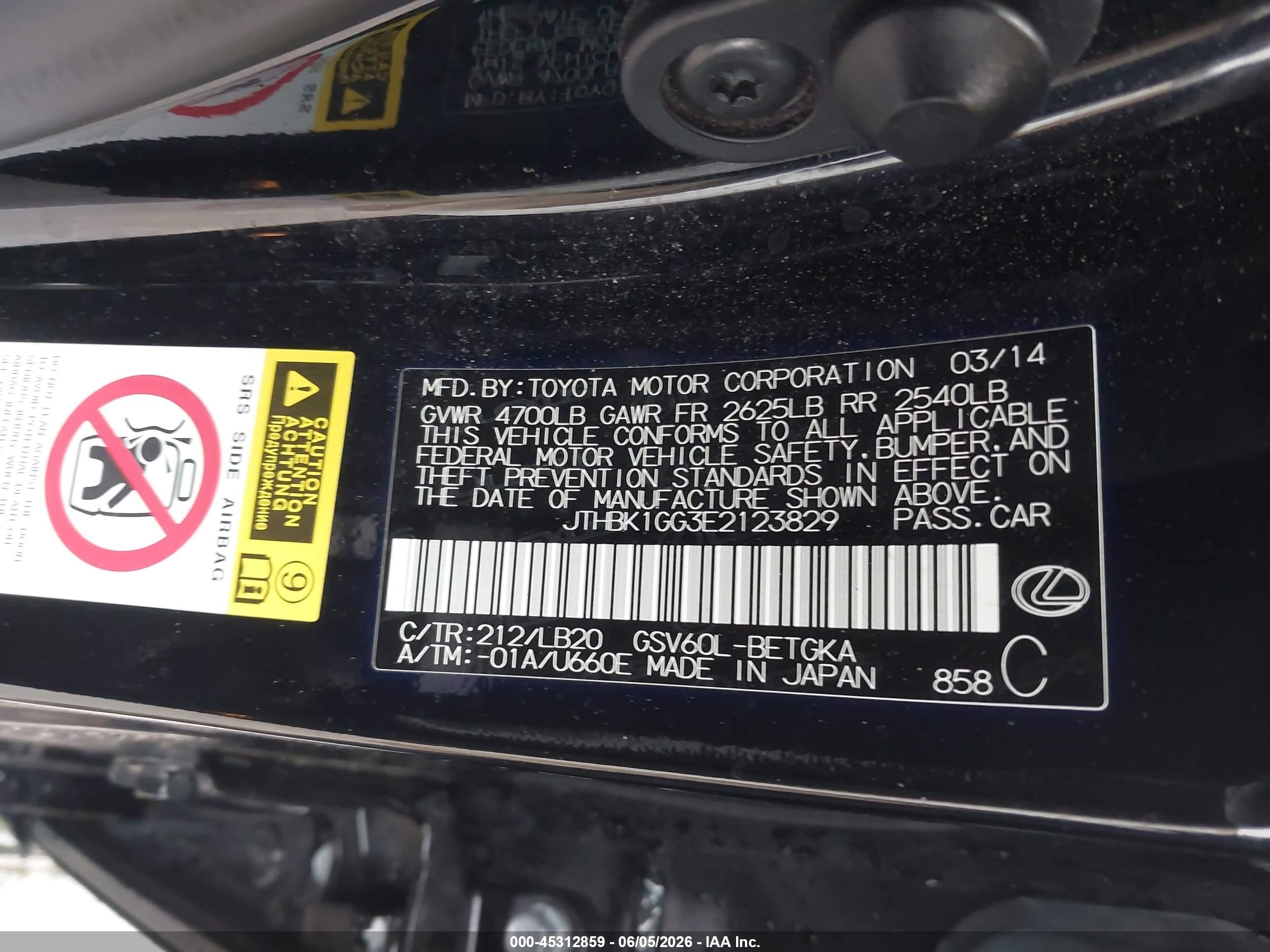 2014 Lexus Es 350   Black vin: JTHBK1GG3E2123829