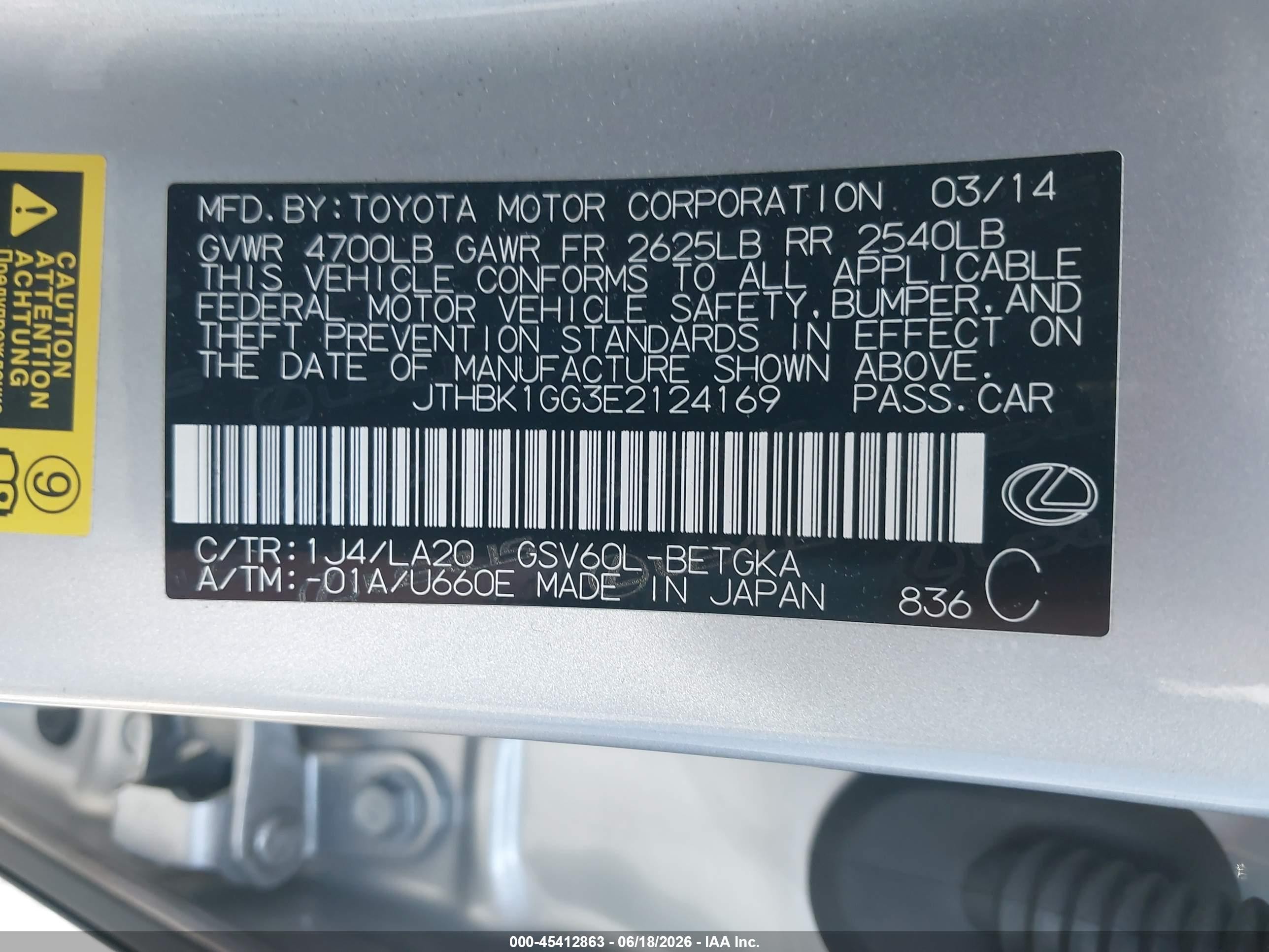 2014 Lexus Es 350   Silver vin: JTHBK1GG3E2124169