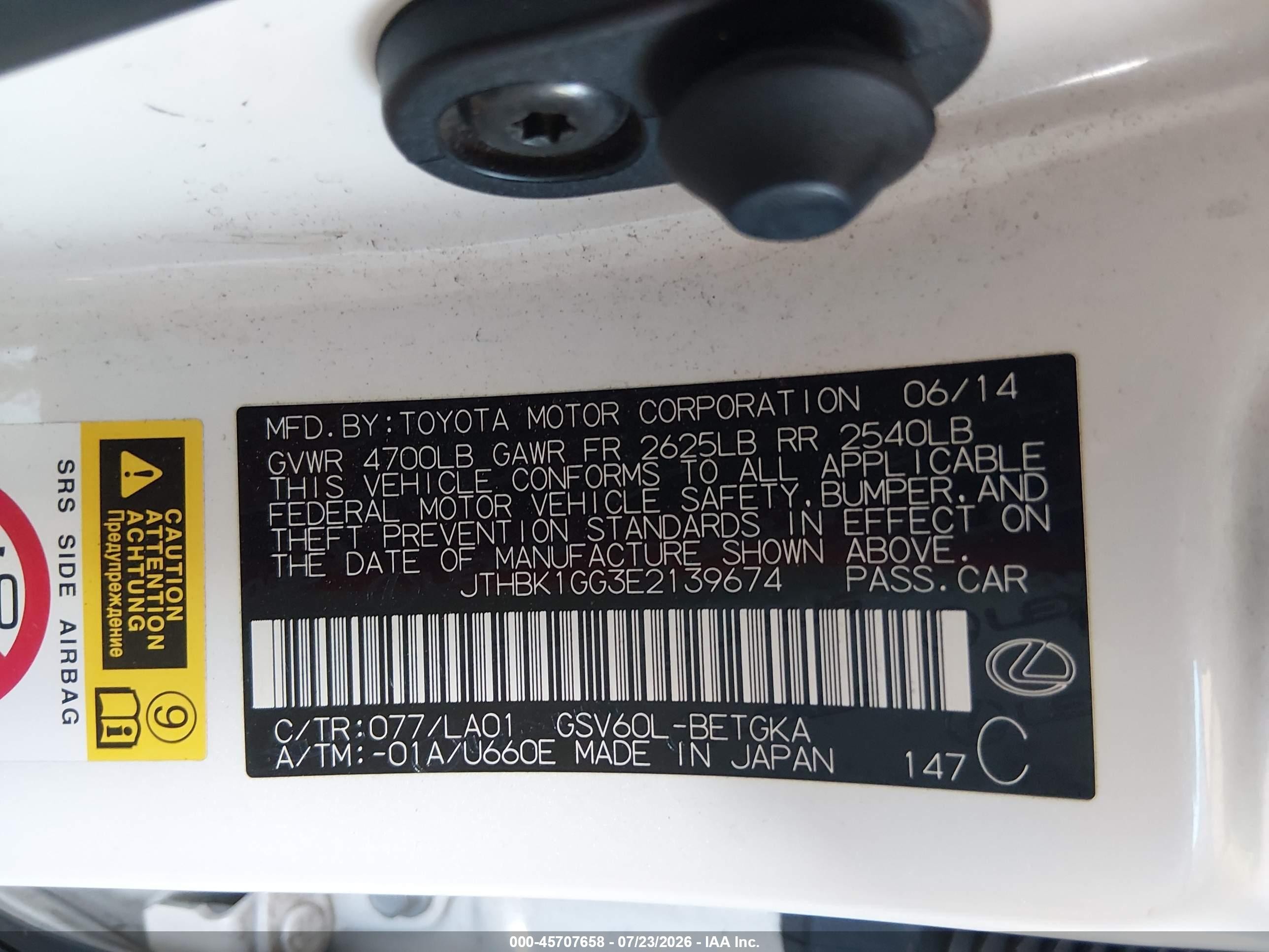 2014 Lexus Es 350   White vin: JTHBK1GG3E2139674