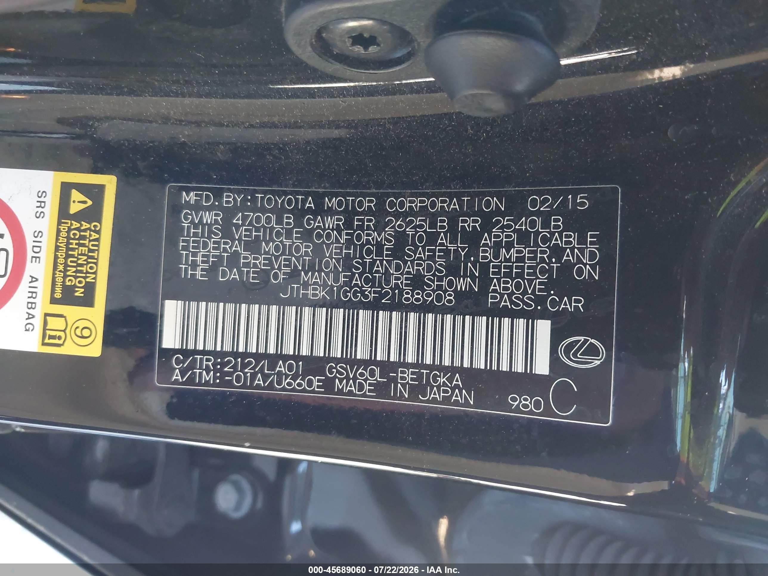2015 Lexus Es 350   Black vin: JTHBK1GG3F2188908