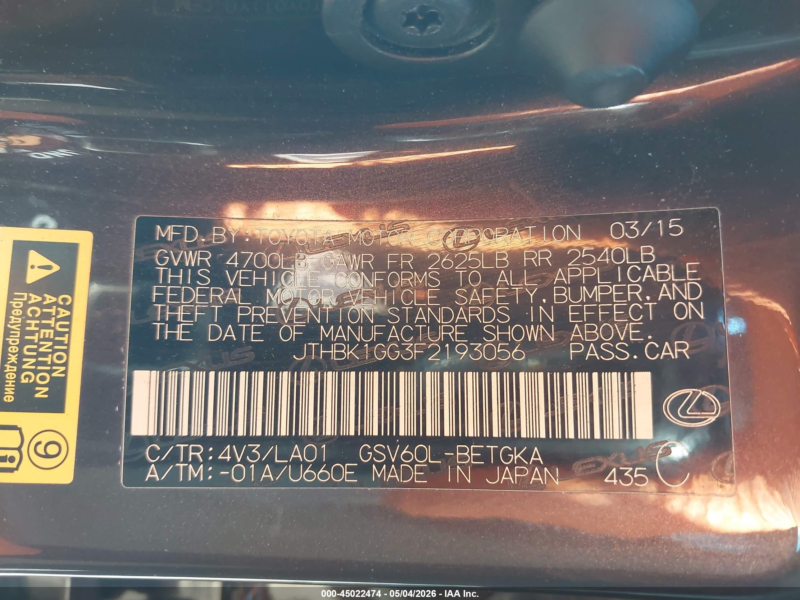 2015 Lexus Es 350   Black vin: JTHBK1GG3F2193056