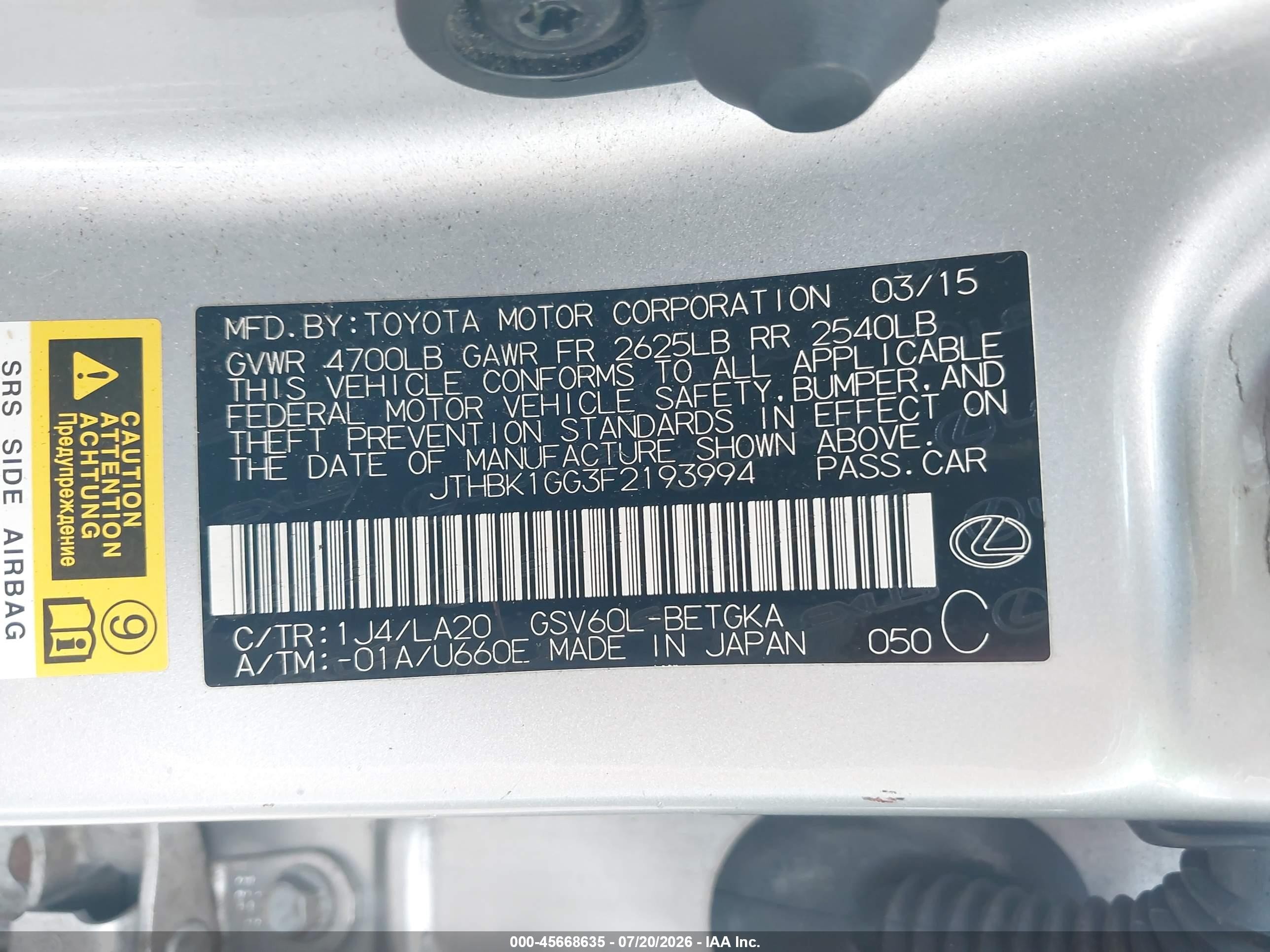 2015 Lexus Es 350   Silver vin: JTHBK1GG3F2193994