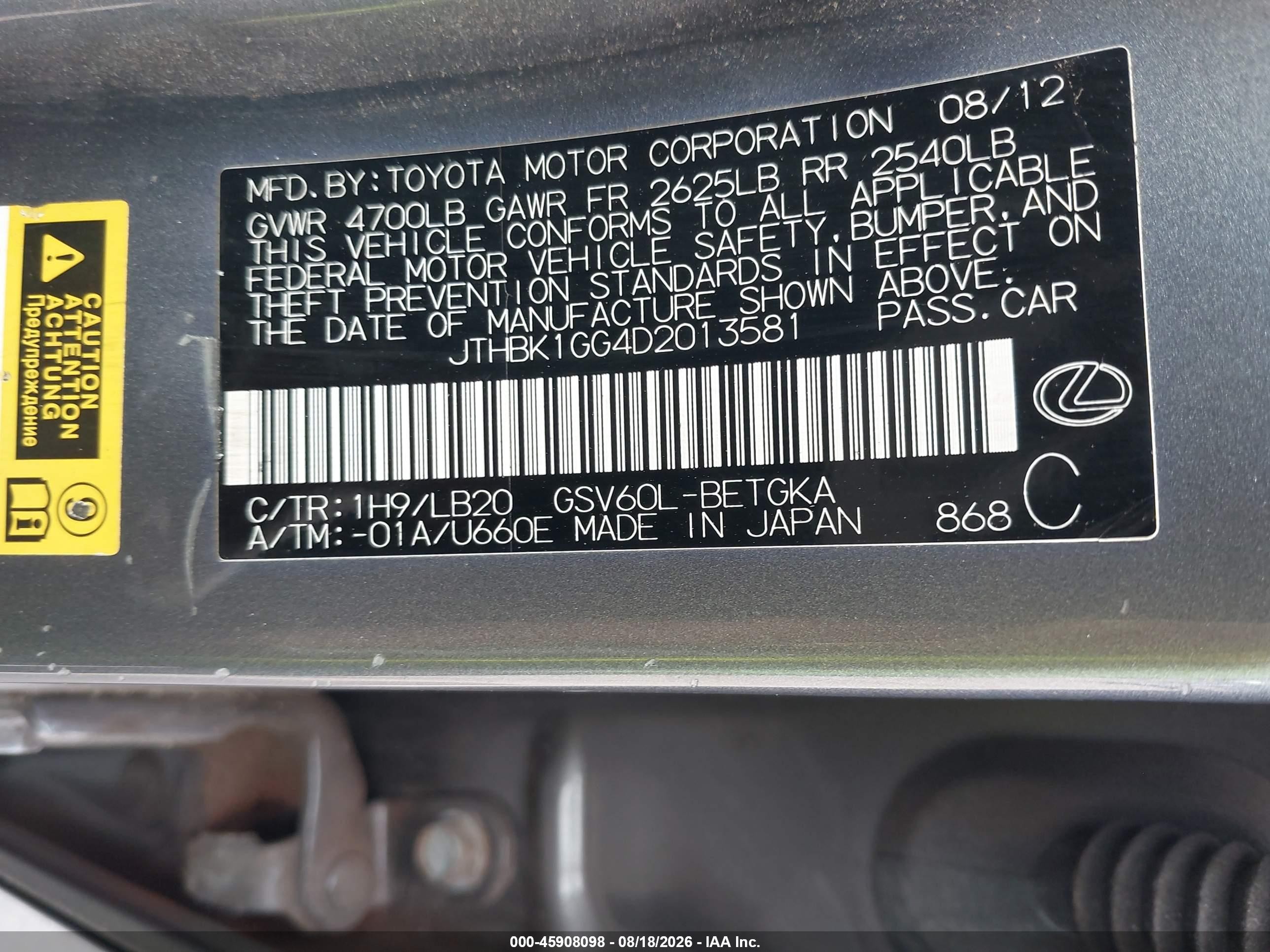 2013 Lexus Es 350   Gray vin: JTHBK1GG4D2013581