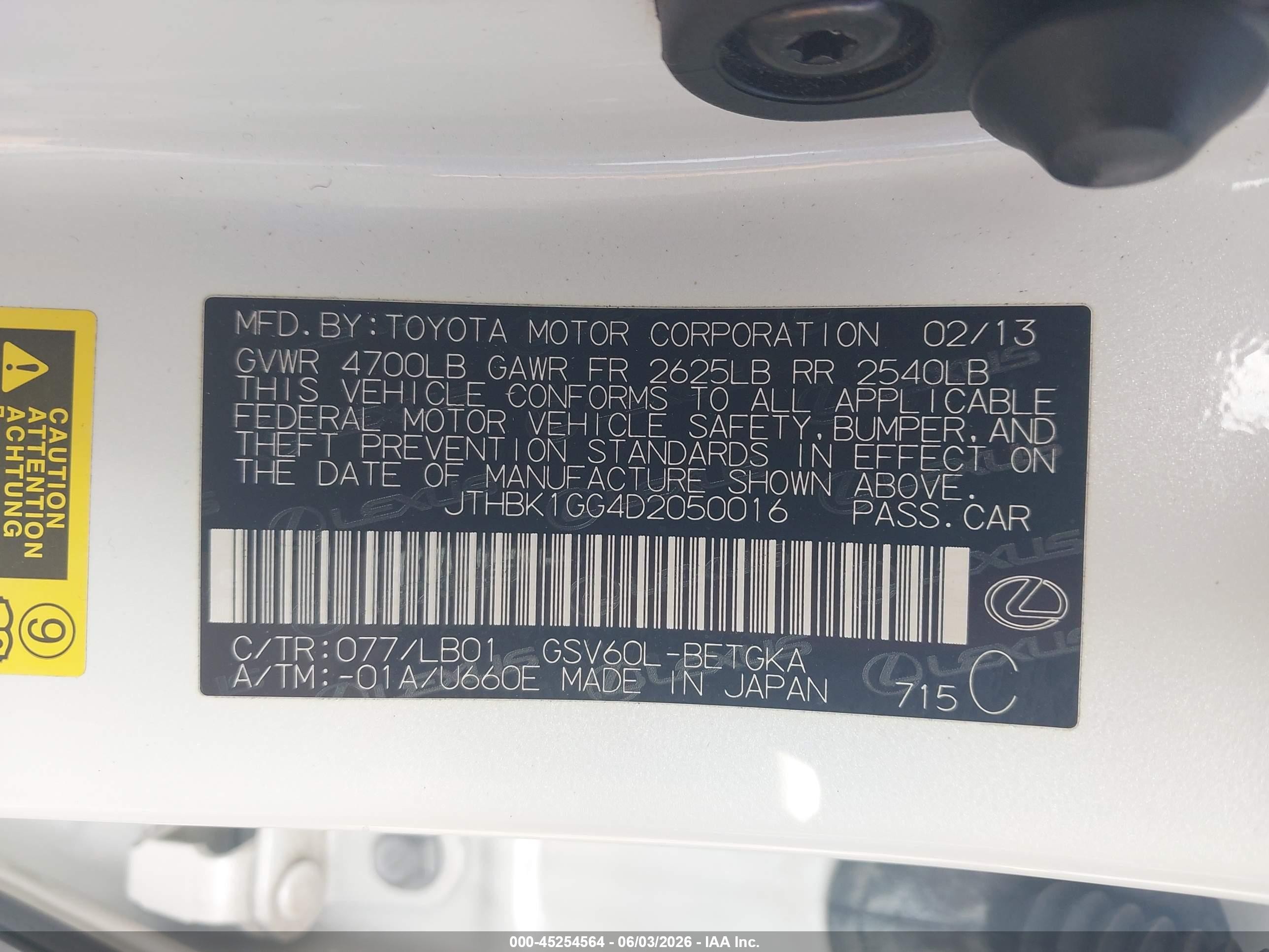 2013 Lexus Es 350 White vin: JTHBK1GG4D2050016