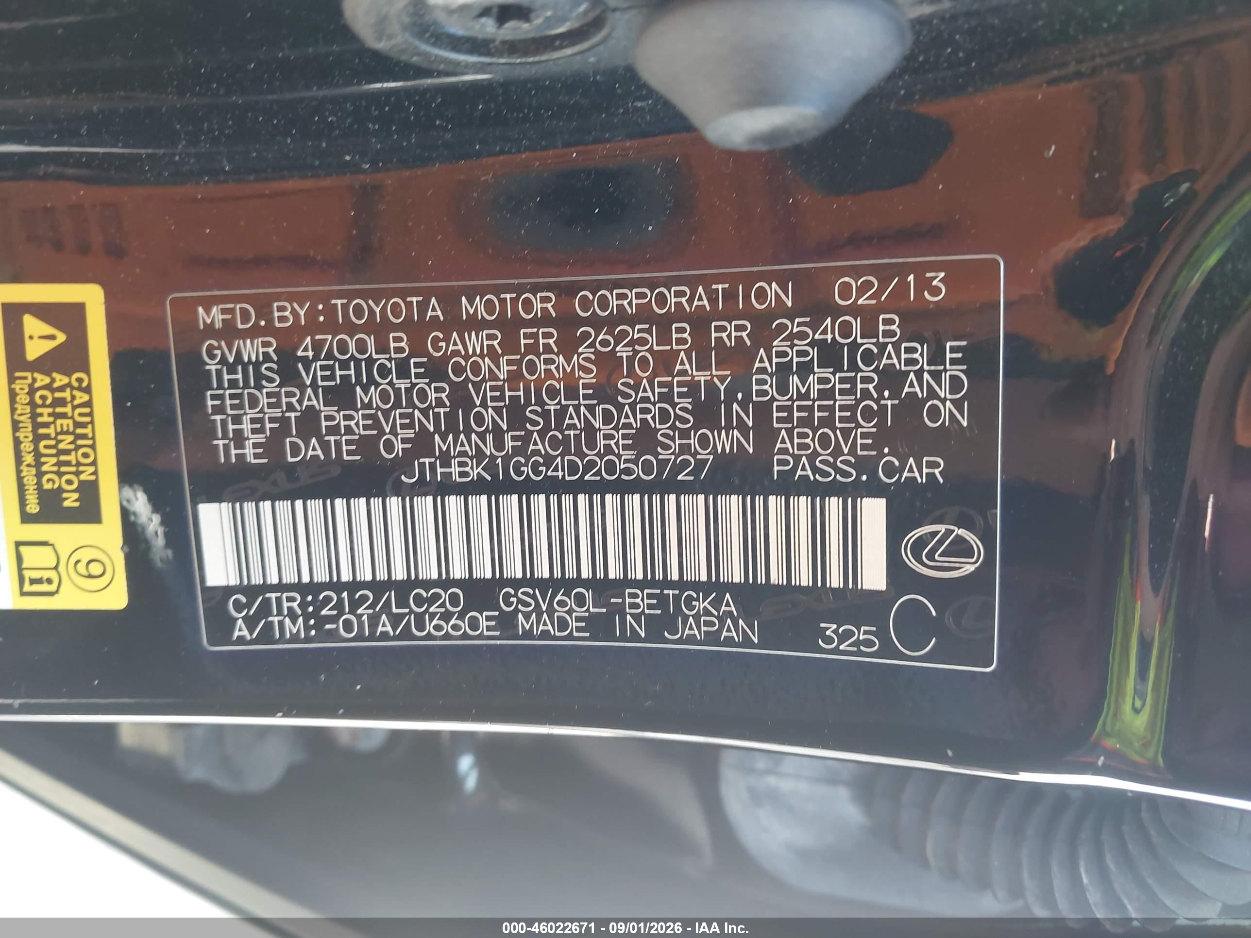 2013 Lexus Es 350   Black vin: JTHBK1GG4D2050727