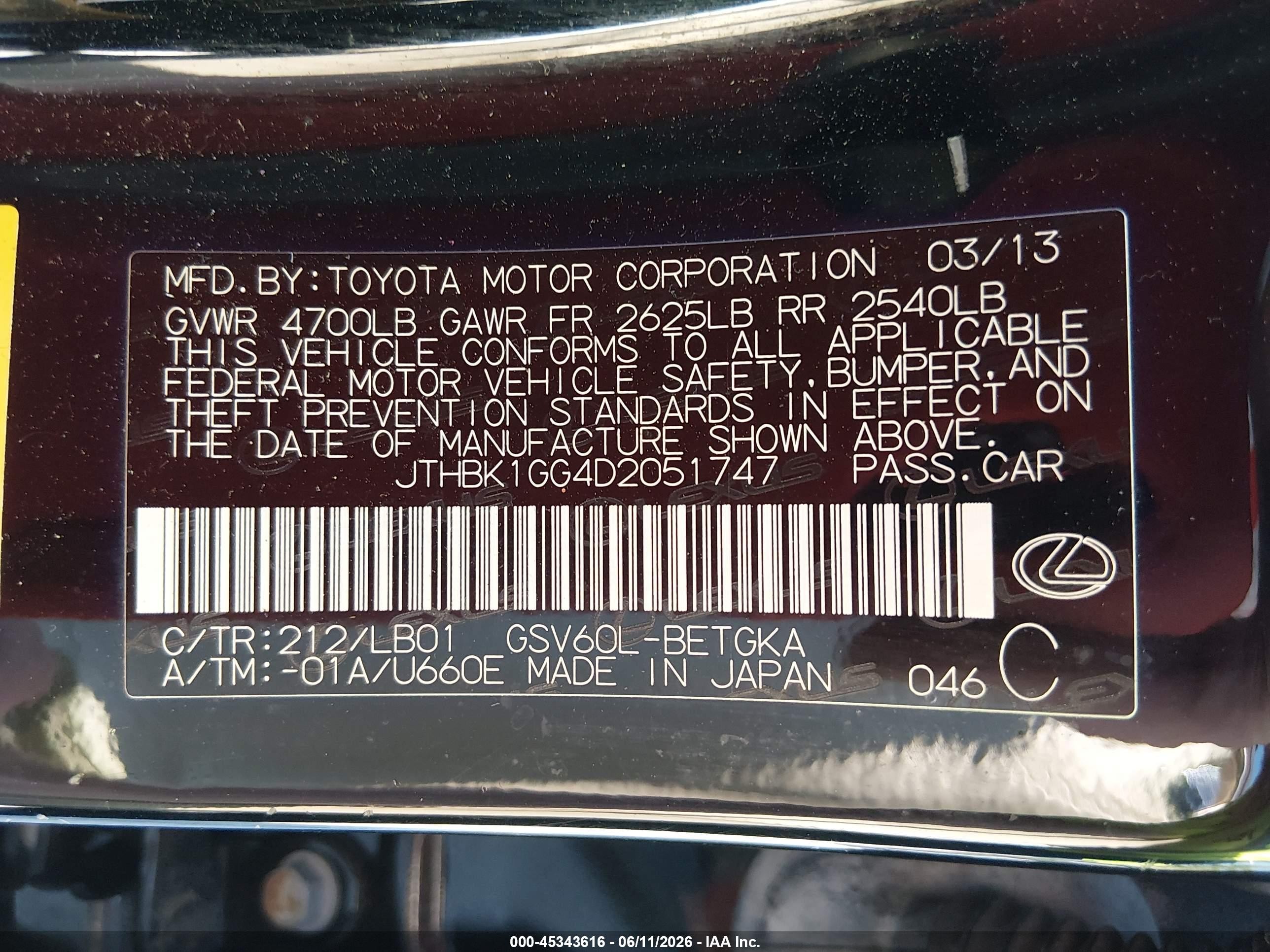 2013 Lexus Es 350   Black vin: JTHBK1GG4D2051747