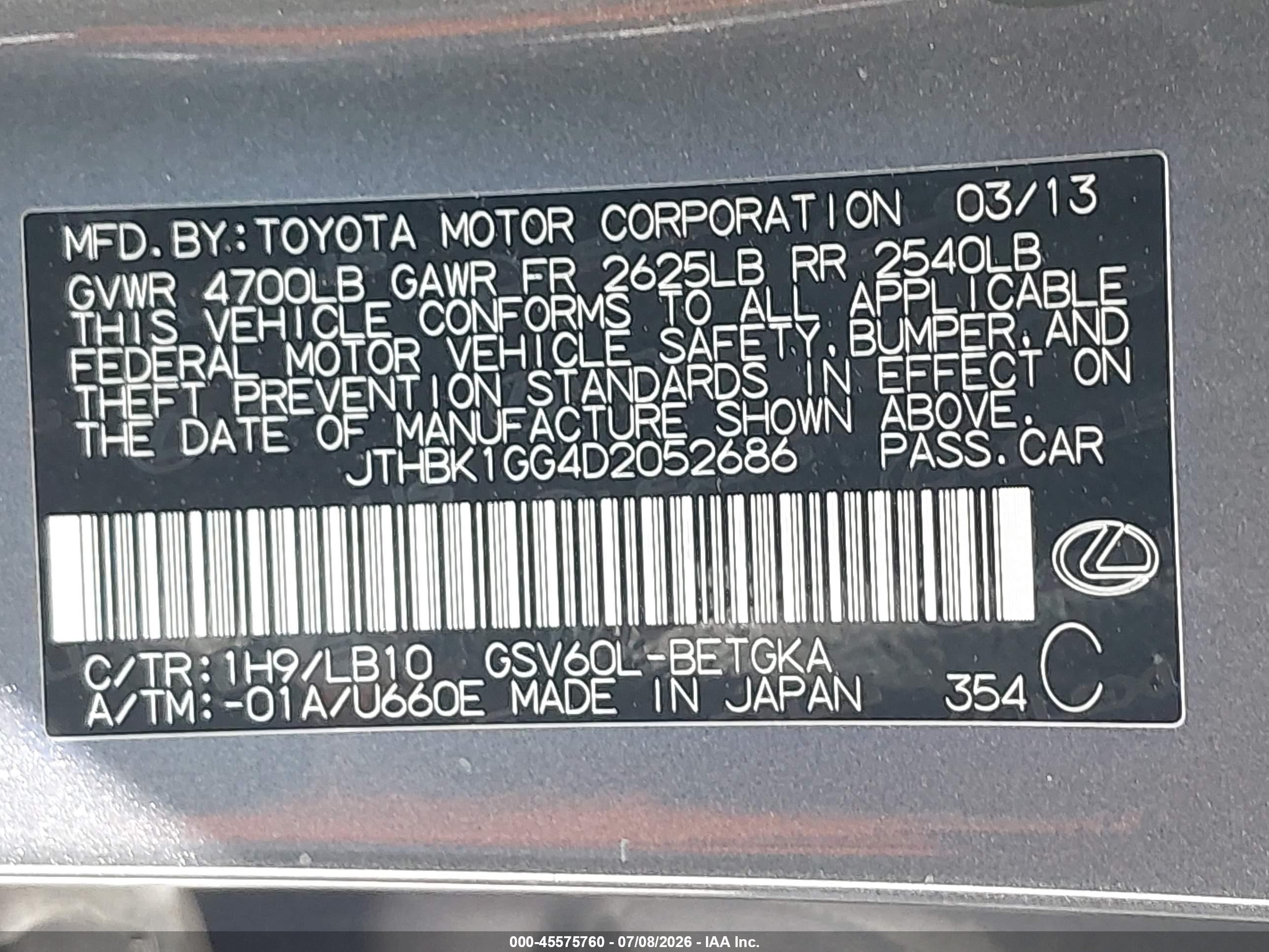 2013 Lexus Es 350   Gray vin: JTHBK1GG4D2052686