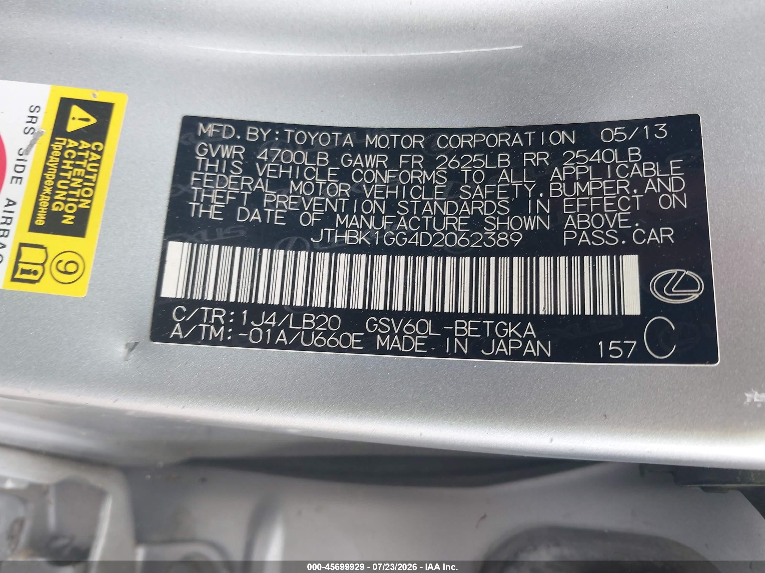 2013 Lexus Es 350   White vin: JTHBK1GG4D2062389