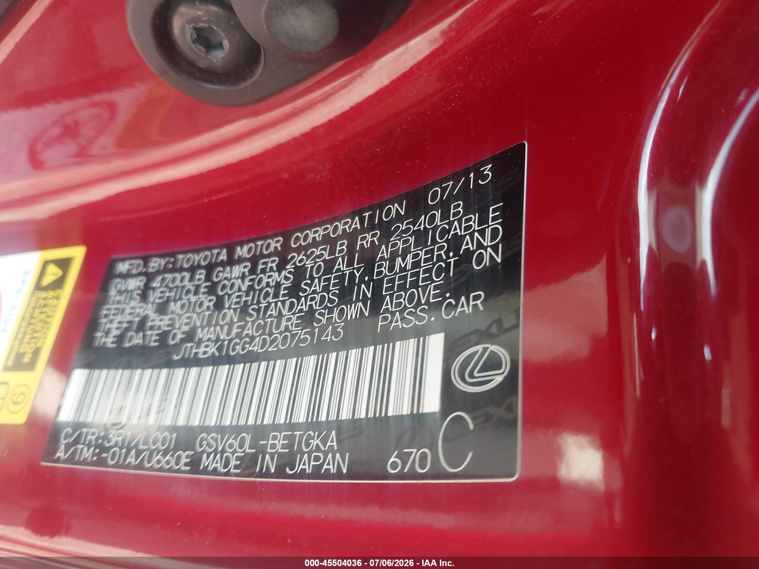 2013 Lexus Es 350   Red vin: JTHBK1GG4D2075143