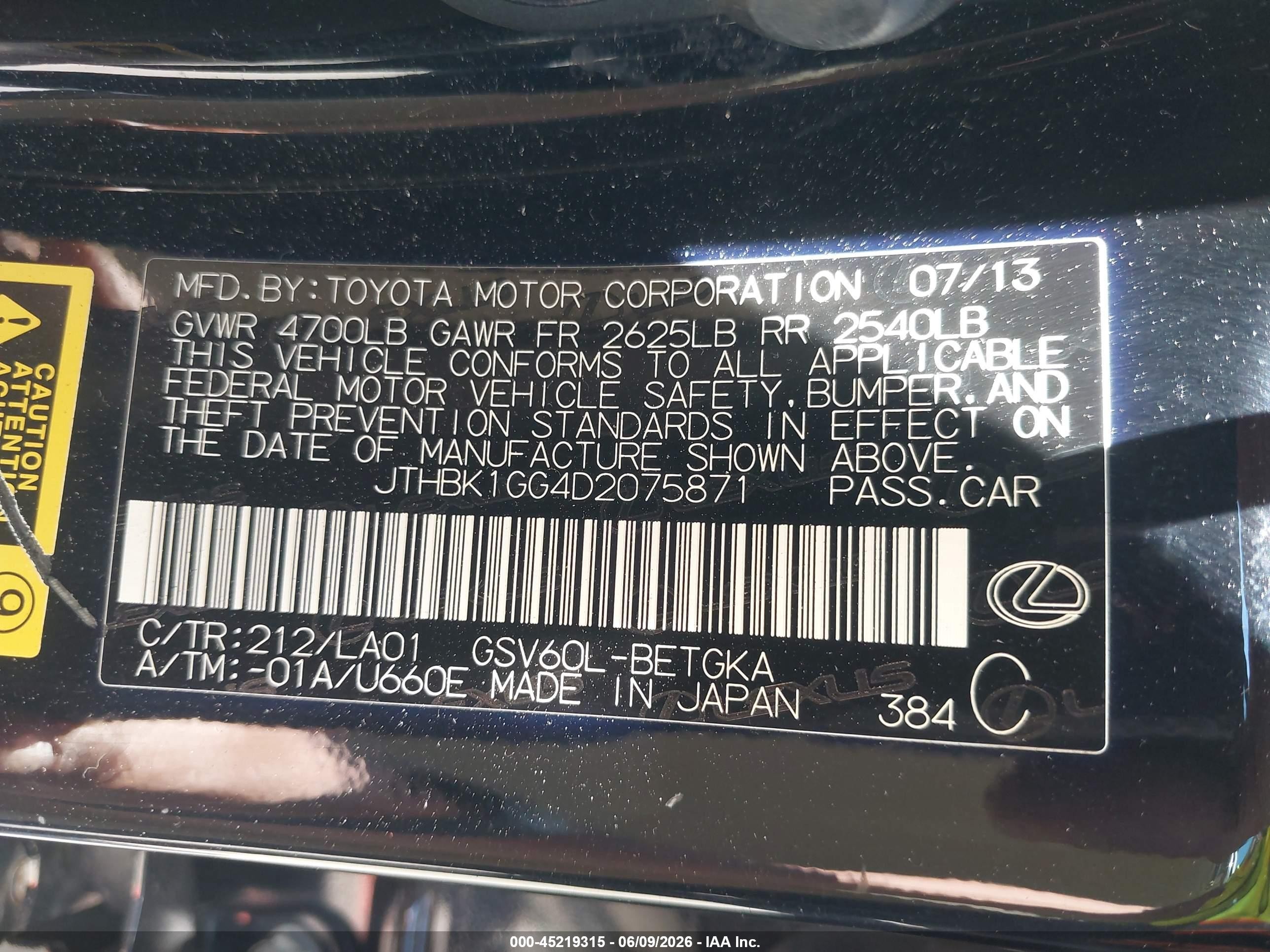 2013 Lexus Es 350 Black vin: JTHBK1GG4D2075871