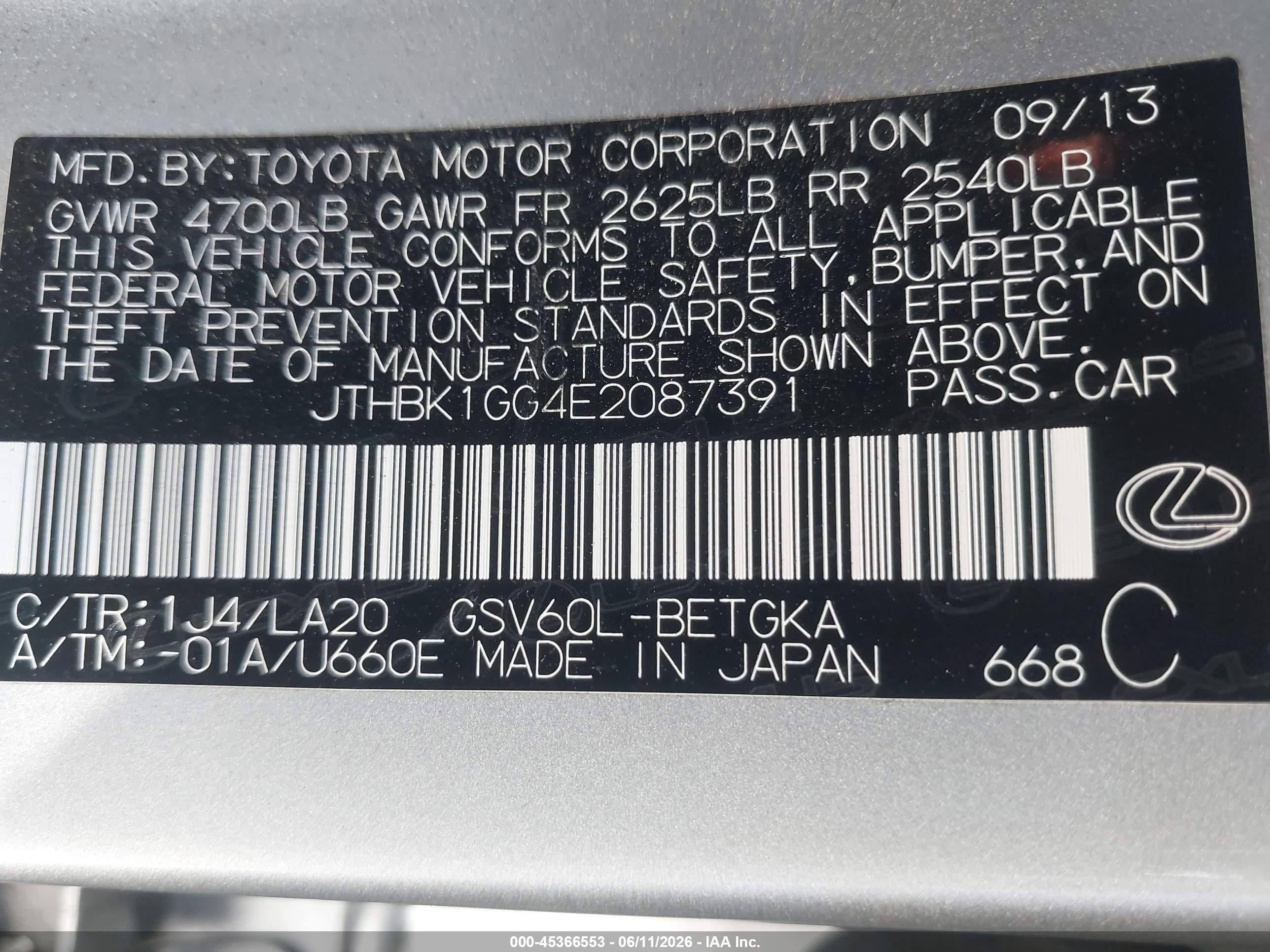 2014 Lexus Es 350   Silver vin: JTHBK1GG4E2087391