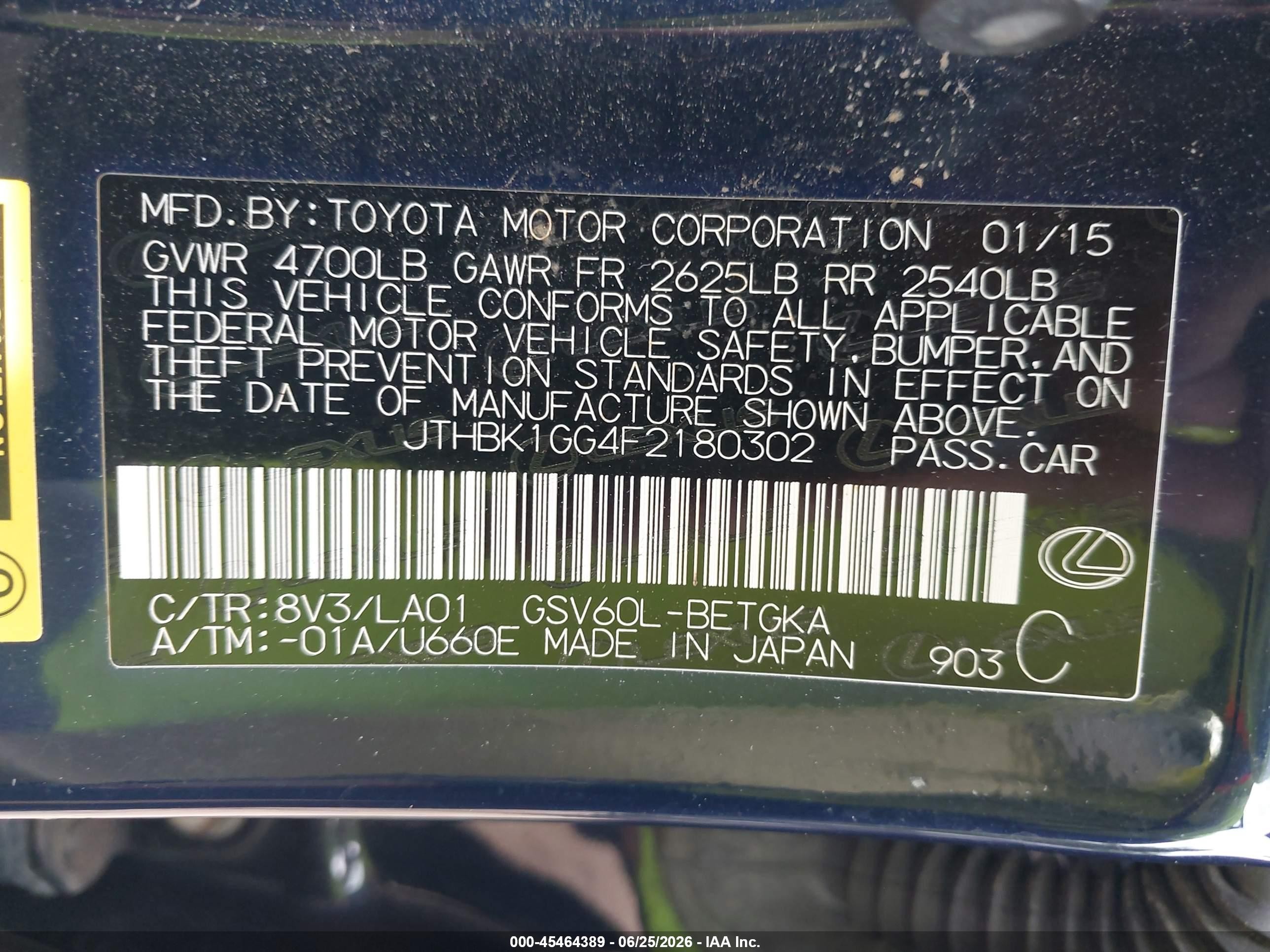 2015 Lexus Es 350   Dark Blue vin: JTHBK1GG4F2180302