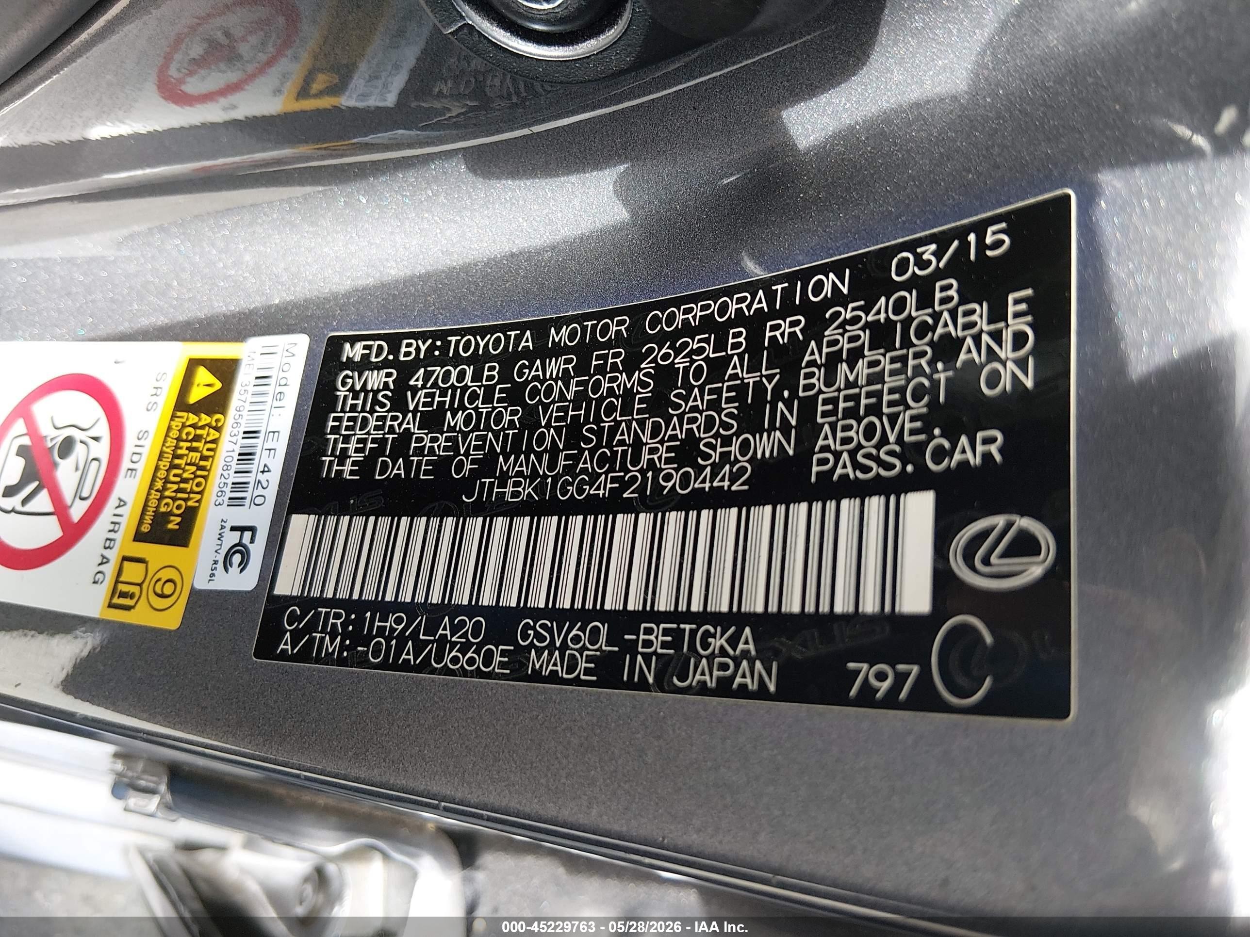 2015 Lexus Es 350 Gray vin: JTHBK1GG4F2190442