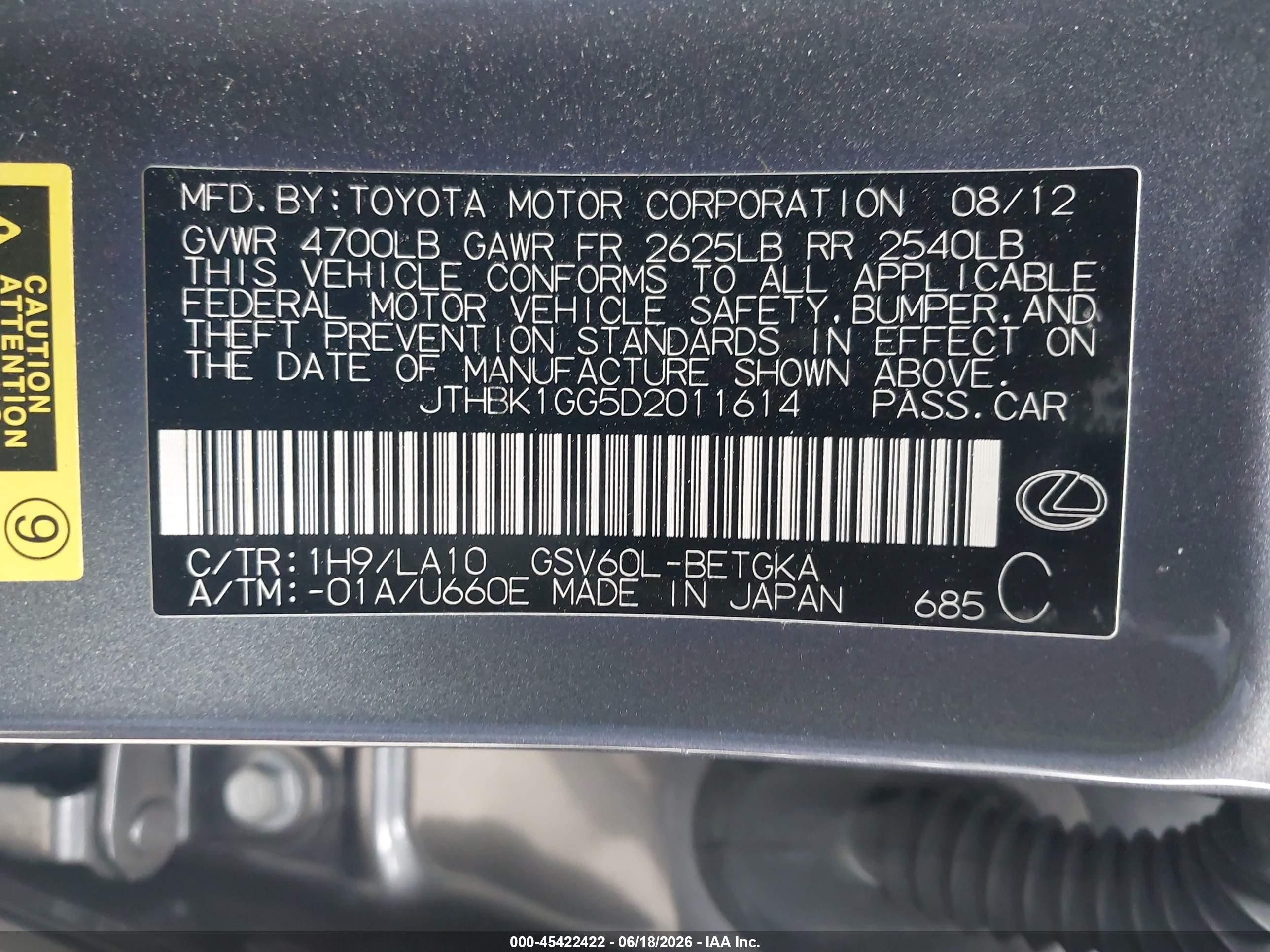 2013 Lexus Es 350   Gray vin: JTHBK1GG5D2011614