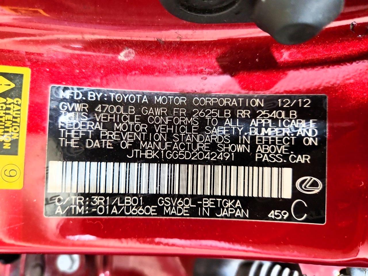 2013 Lexus Es Red vin: JTHBK1GG5D2042491