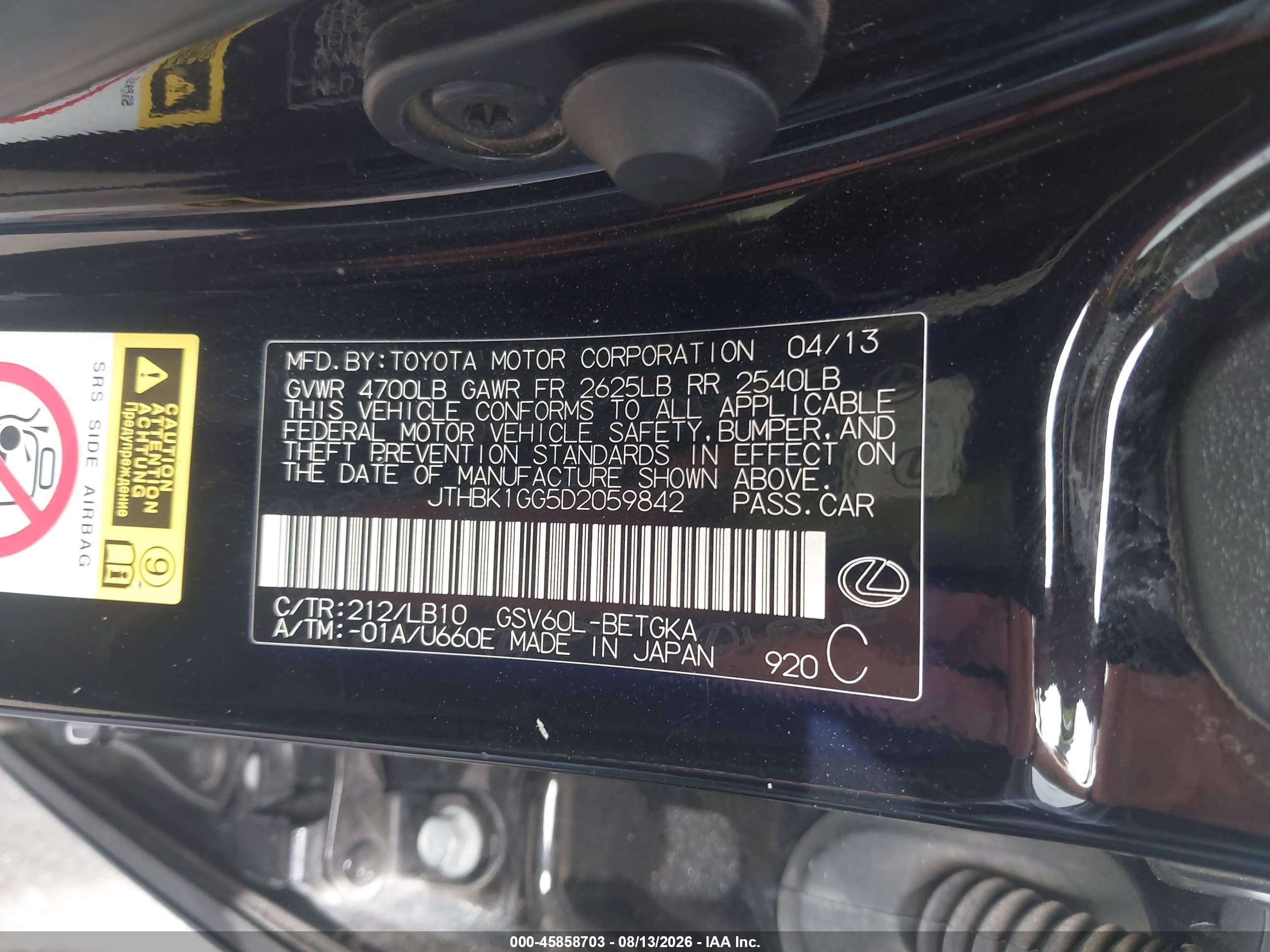 2013 Lexus Es 350   Black vin: JTHBK1GG5D2059842