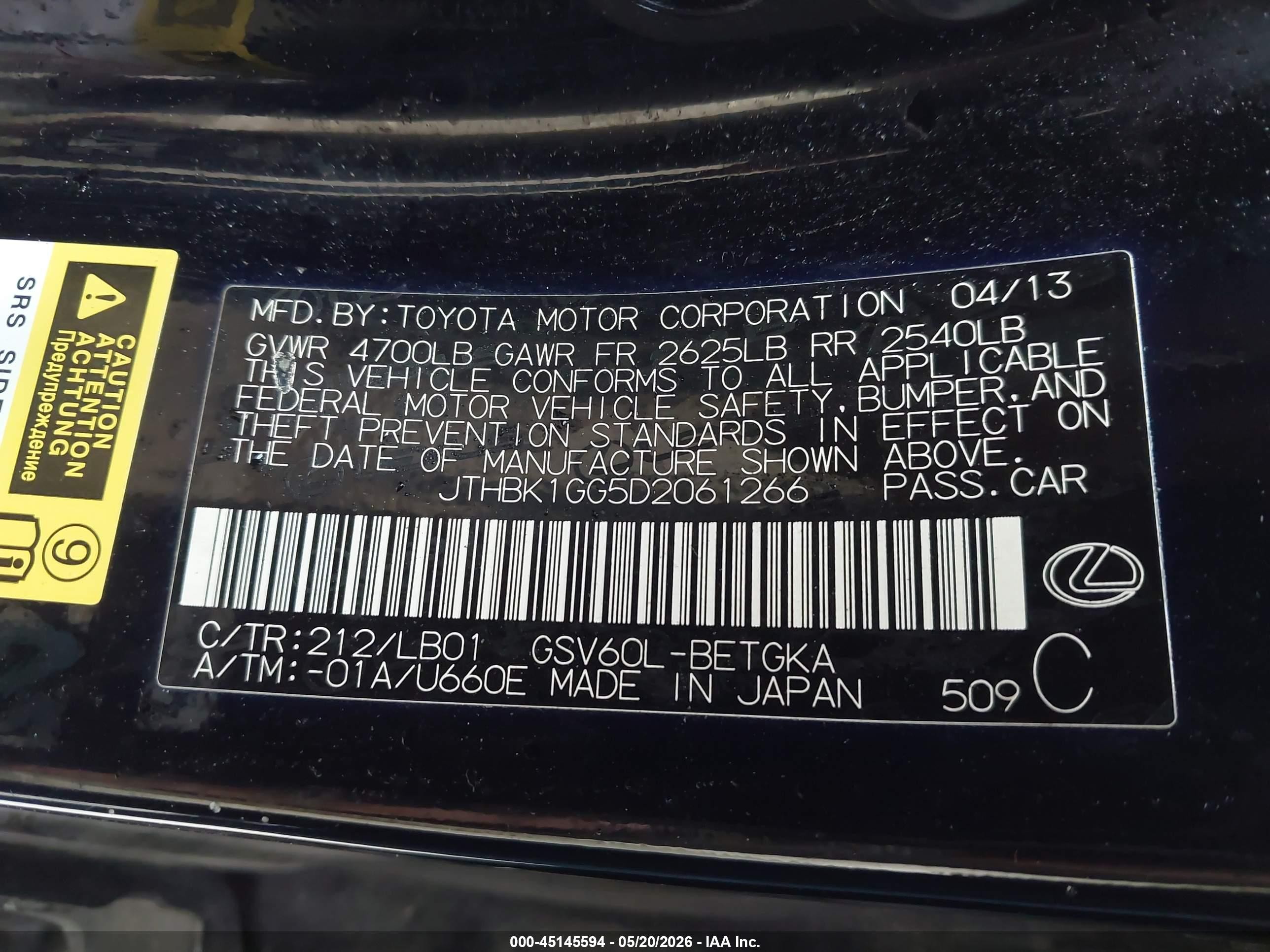 2013 Lexus Es 350 Black vin: JTHBK1GG5D2061266