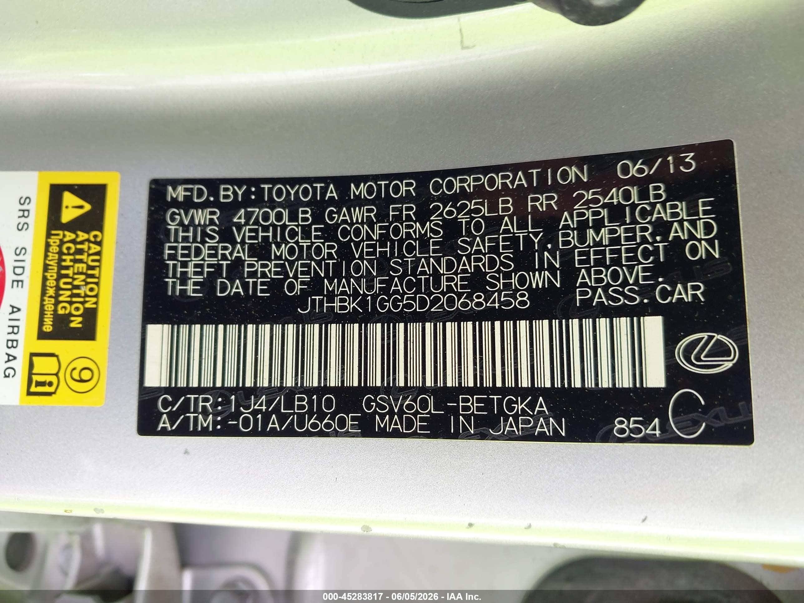 2013 Lexus Es 350   Silver vin: JTHBK1GG5D2068458