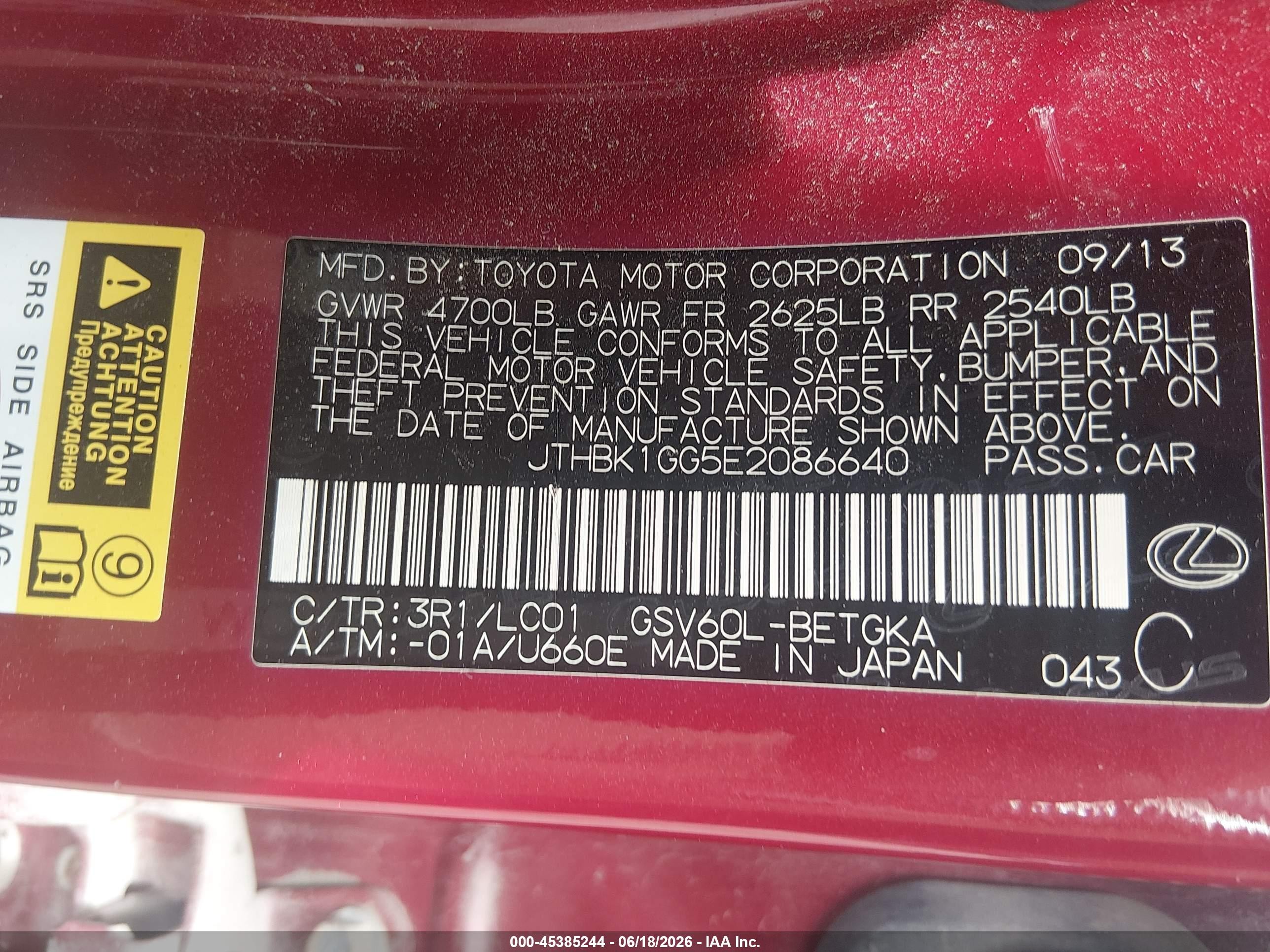2014 Lexus Es 350   Red vin: JTHBK1GG5E2086640