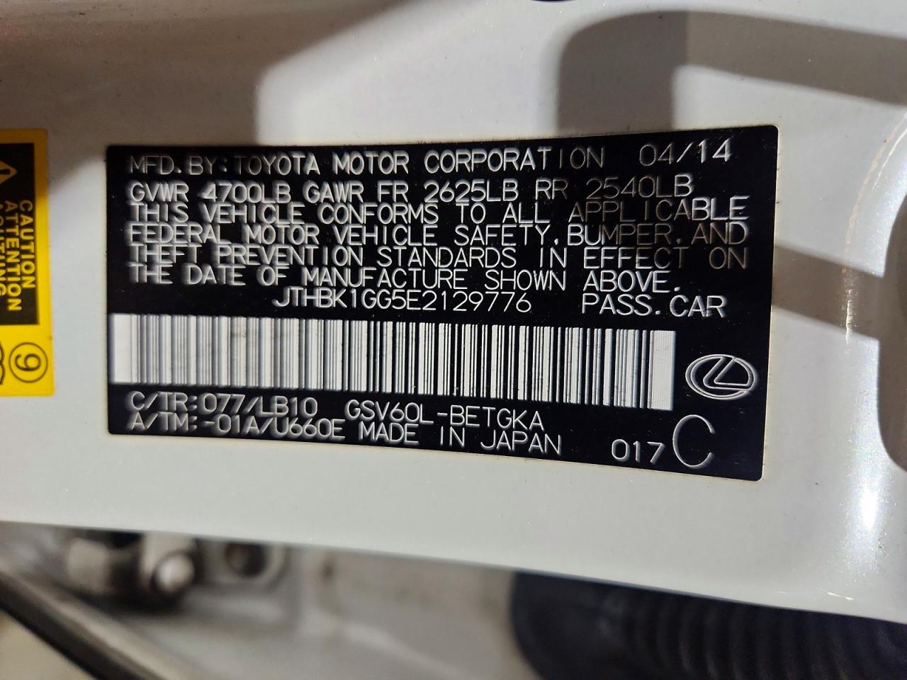 2014 Lexus Es 350 White vin: JTHBK1GG5E2129776