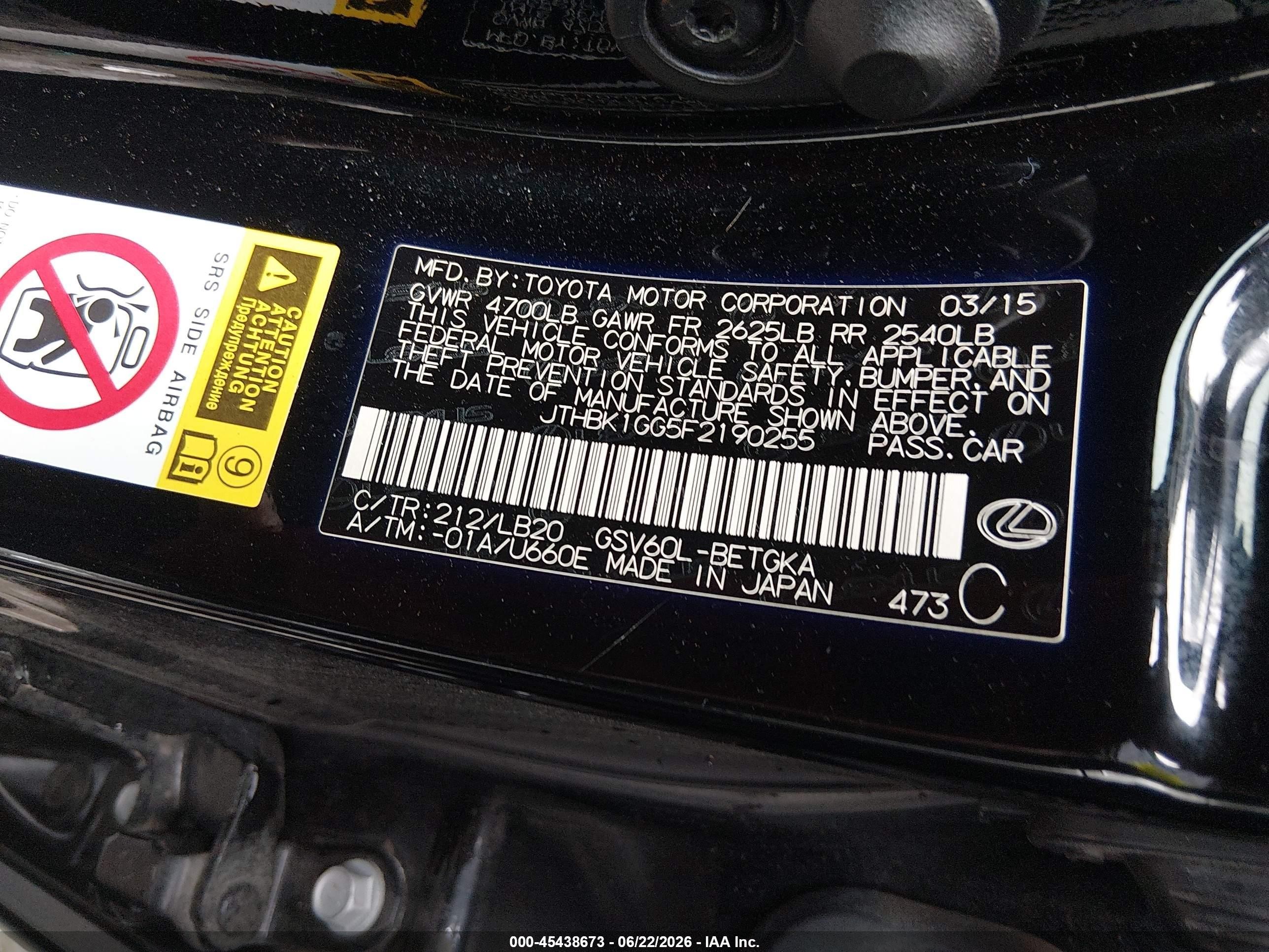 2015 Lexus Es 350   Black vin: JTHBK1GG5F2190255
