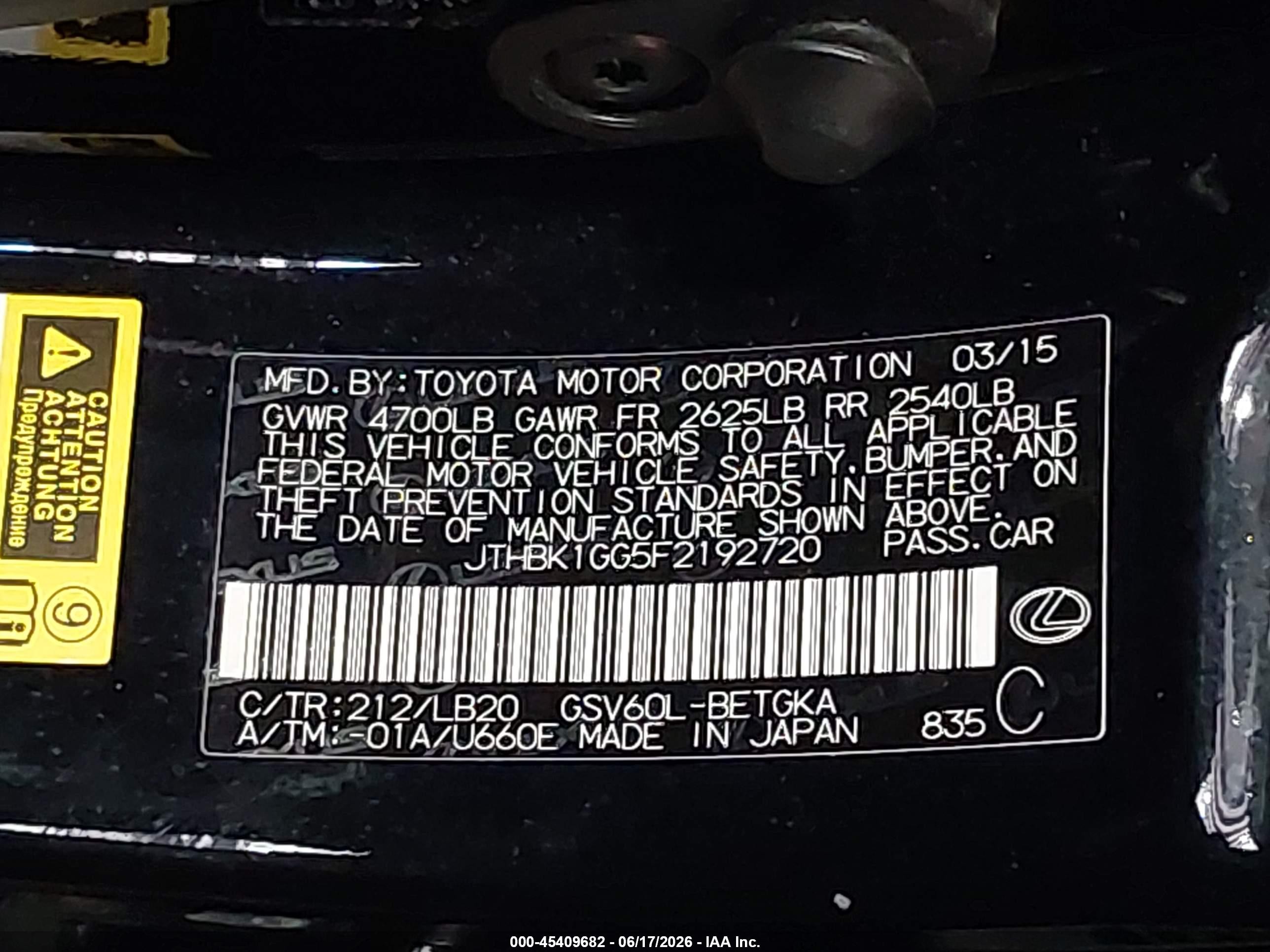 2015 Lexus Es 350   Black vin: JTHBK1GG5F2192720