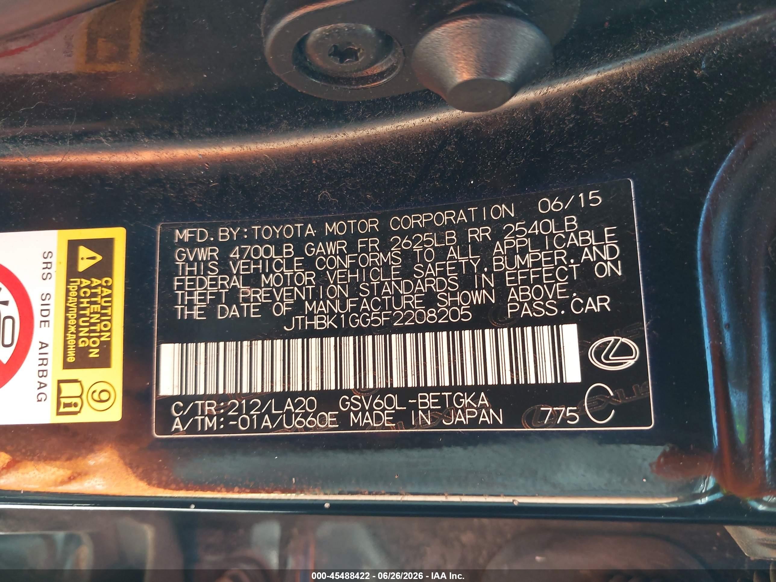 2015 Lexus Es 350   Black vin: JTHBK1GG5F2208205