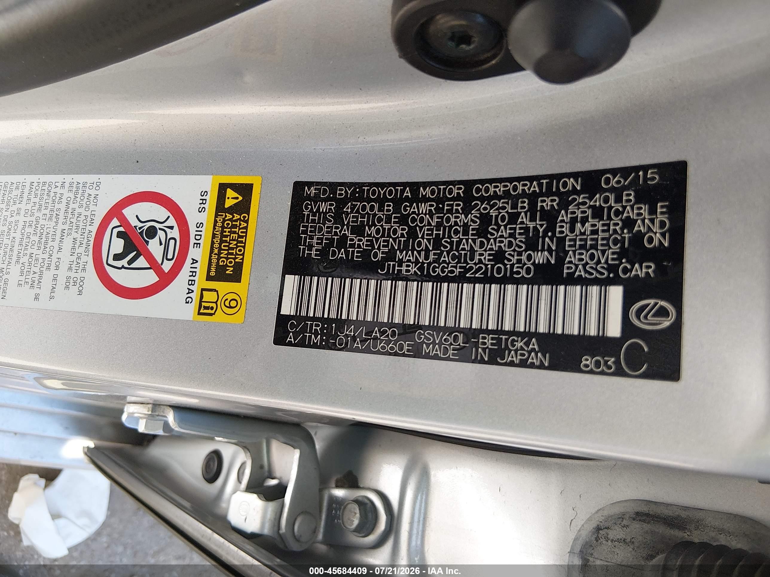 2015 Lexus Es 350   Silver vin: JTHBK1GG5F2210150