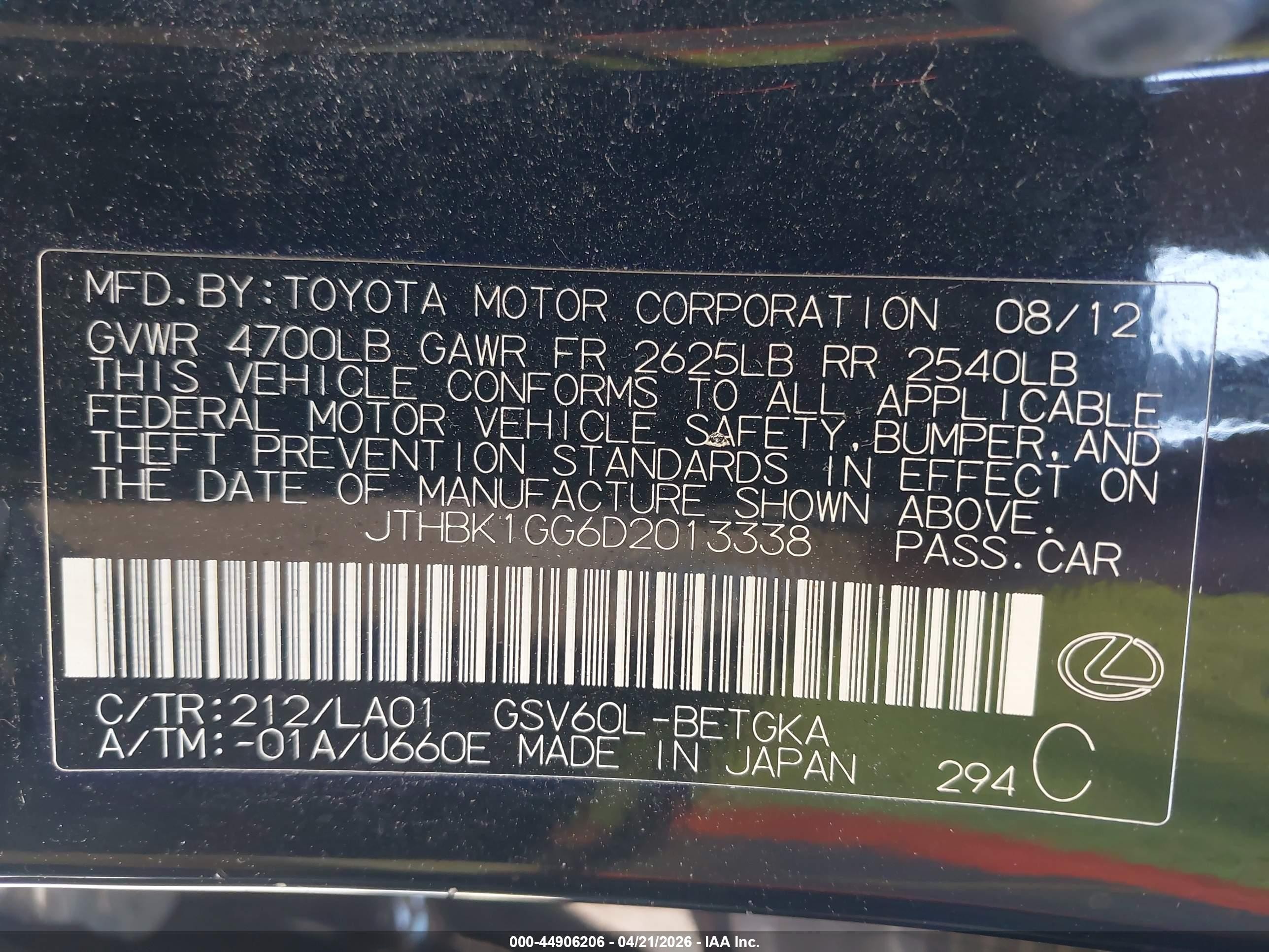 2013 Lexus Es 350   Черный vin: JTHBK1GG6D2013338
