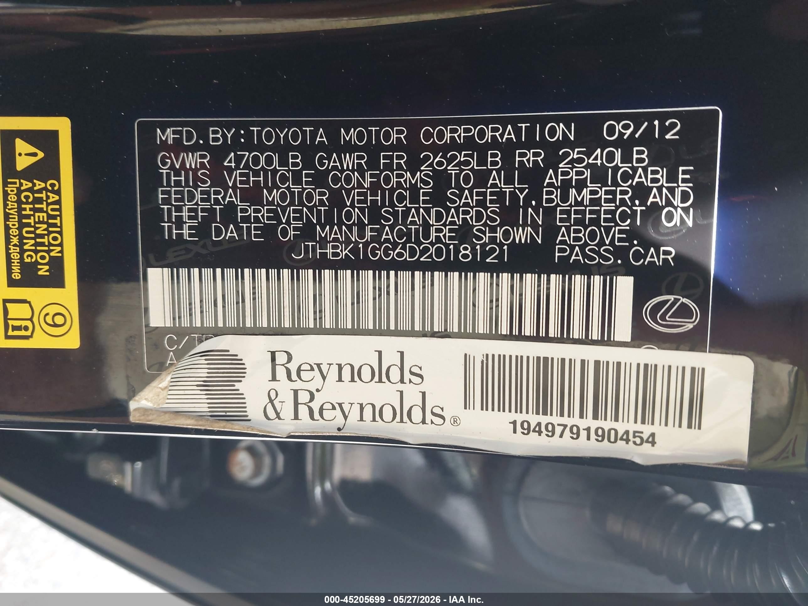 2013 Lexus Es 350   Black vin: JTHBK1GG6D2018121
