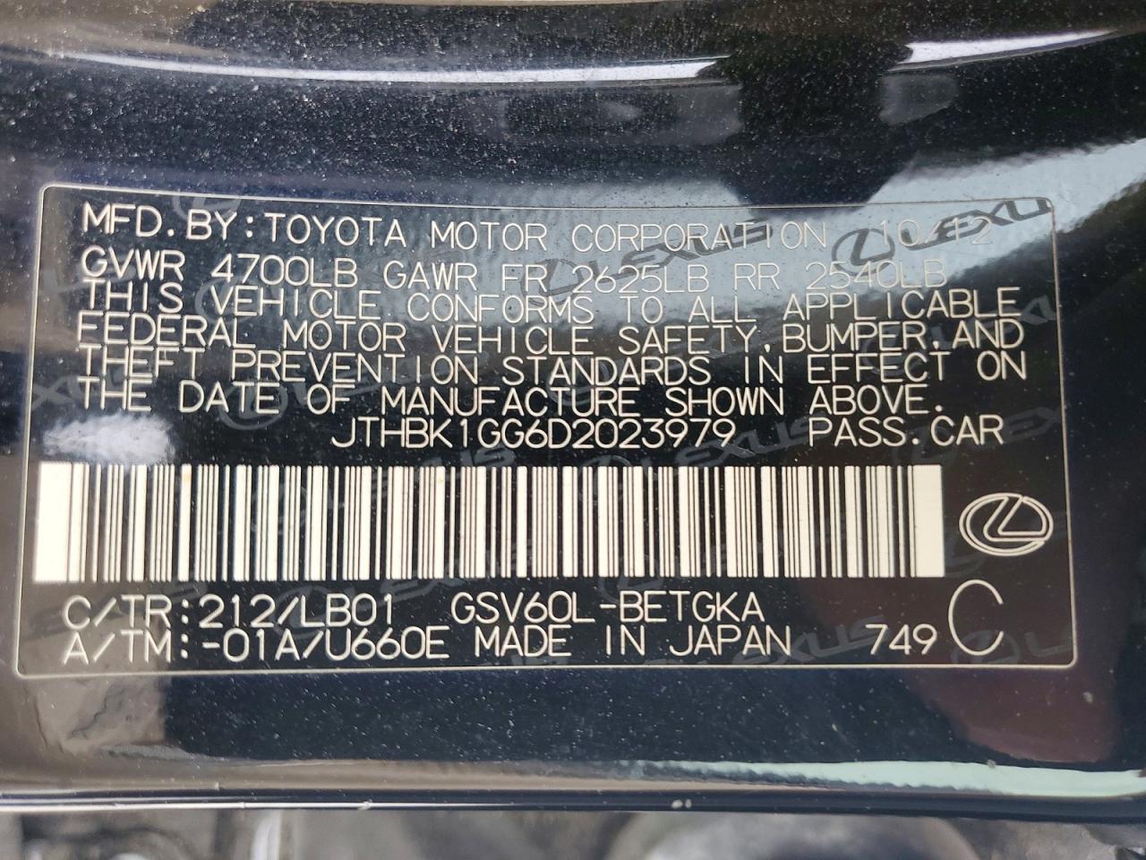 2013 Lexus Es 350 Black vin: JTHBK1GG6D2023979