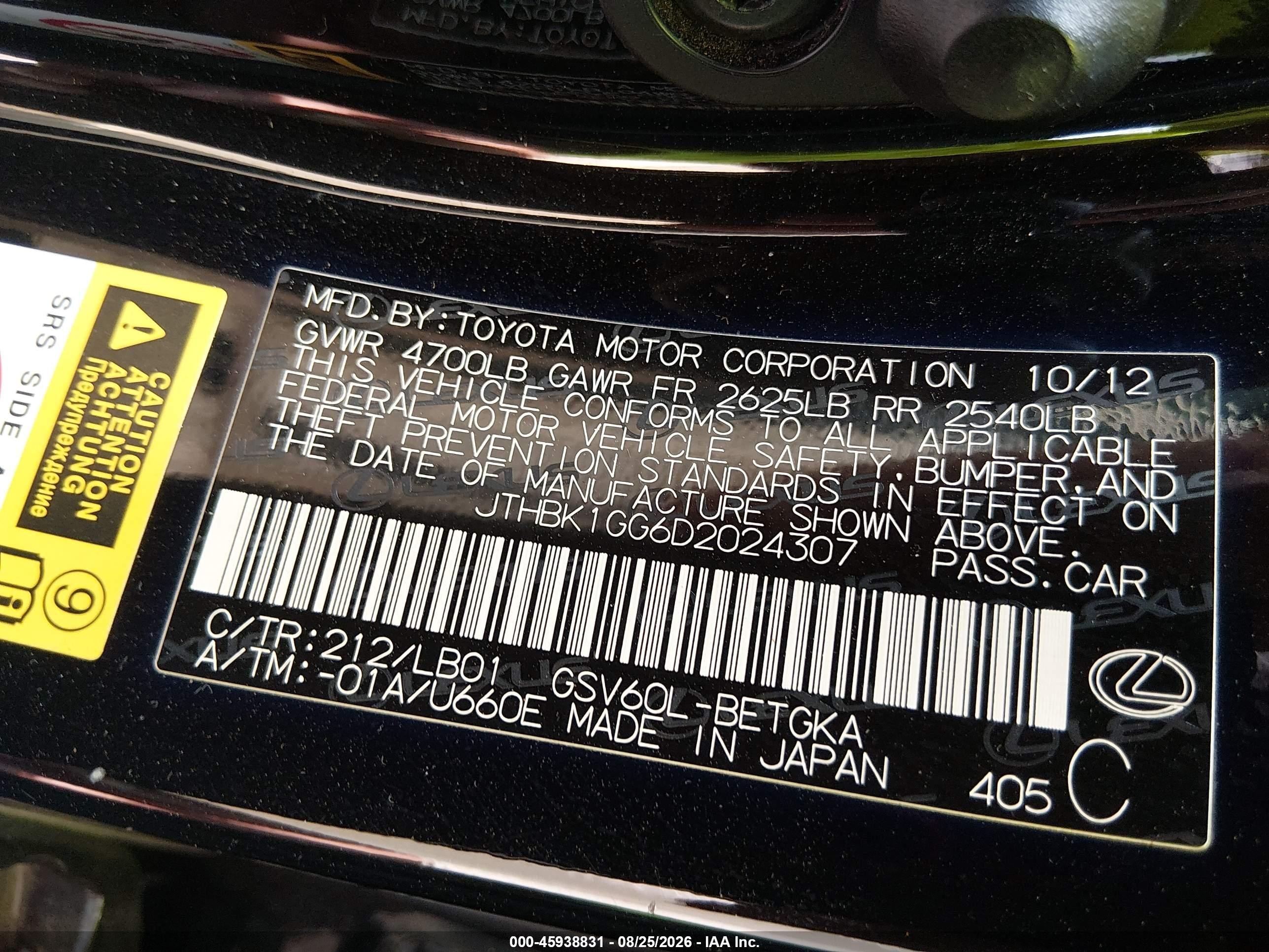 2013 Lexus Es 350 Black vin: JTHBK1GG6D2024307