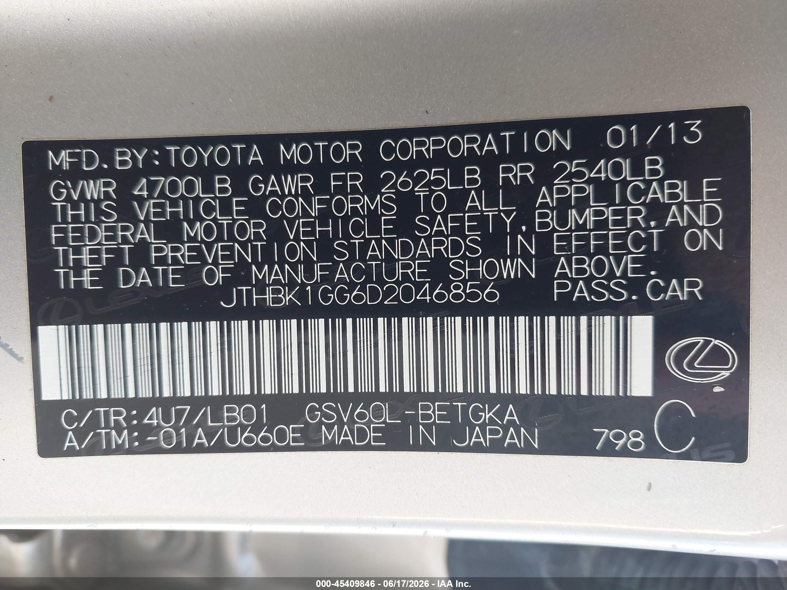 2013 Lexus Es 350 Tan vin: JTHBK1GG6D2046856