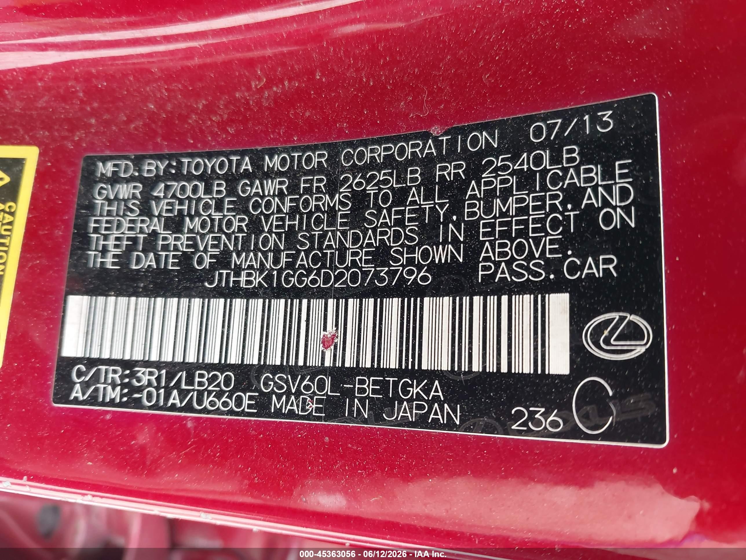 2013 Lexus Es 350   Red vin: JTHBK1GG6D2073796