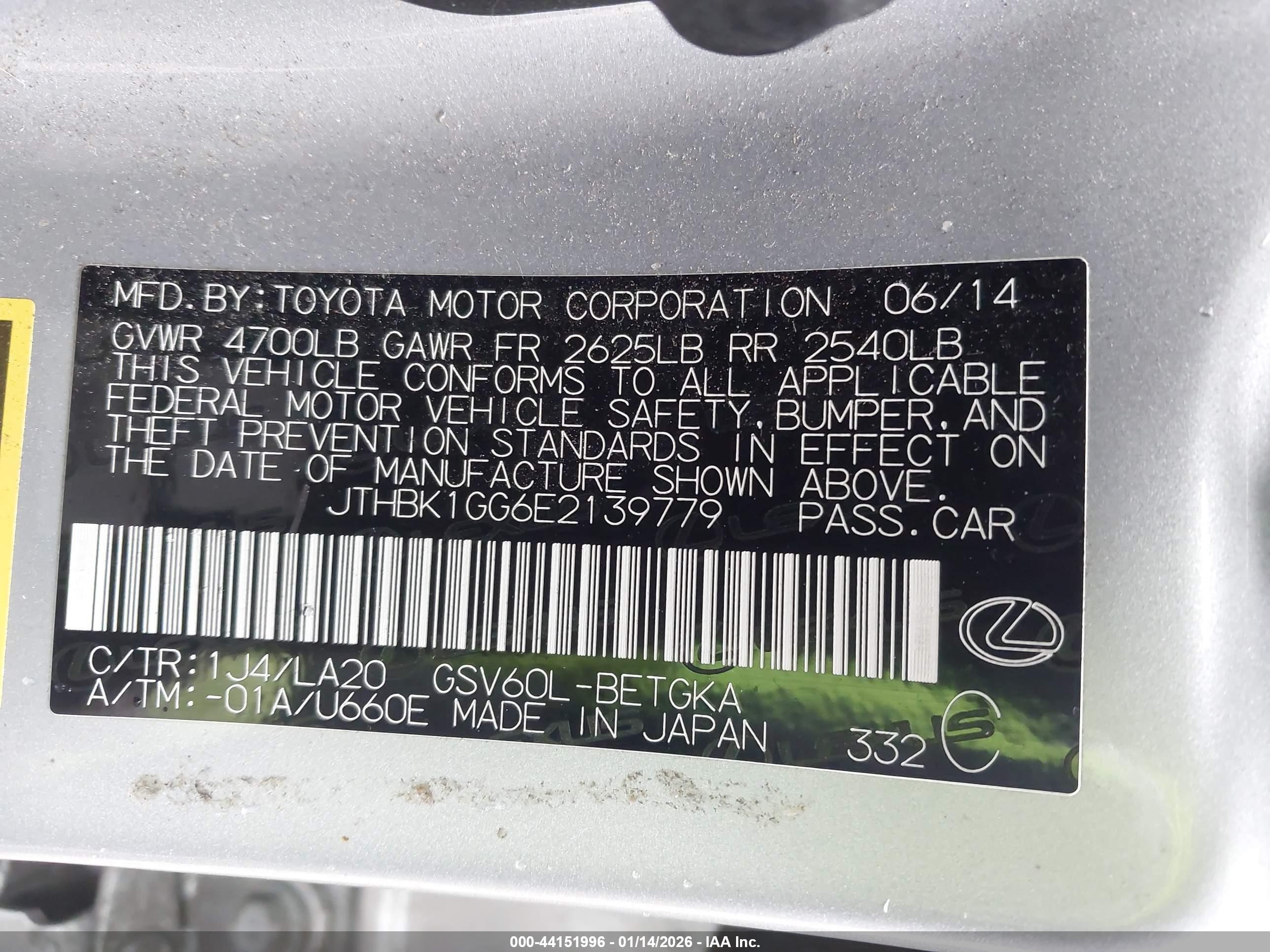 2014 Lexus Es 350   Silver vin: JTHBK1GG6E2139779