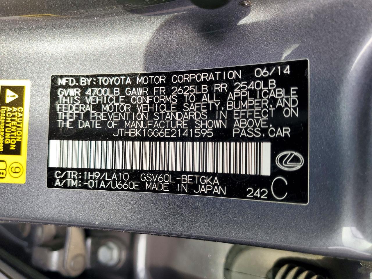 2014 Lexus Es Gray vin: JTHBK1GG6E2141595