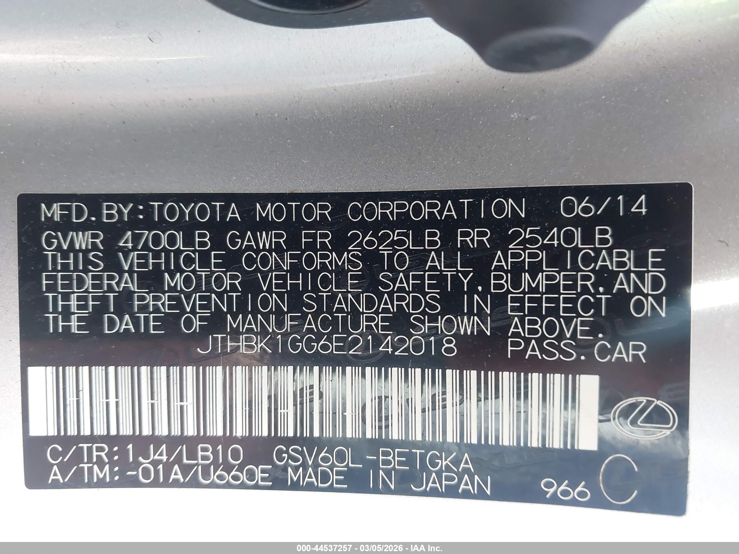 2014 Lexus Es 350   Silver vin: JTHBK1GG6E2142018