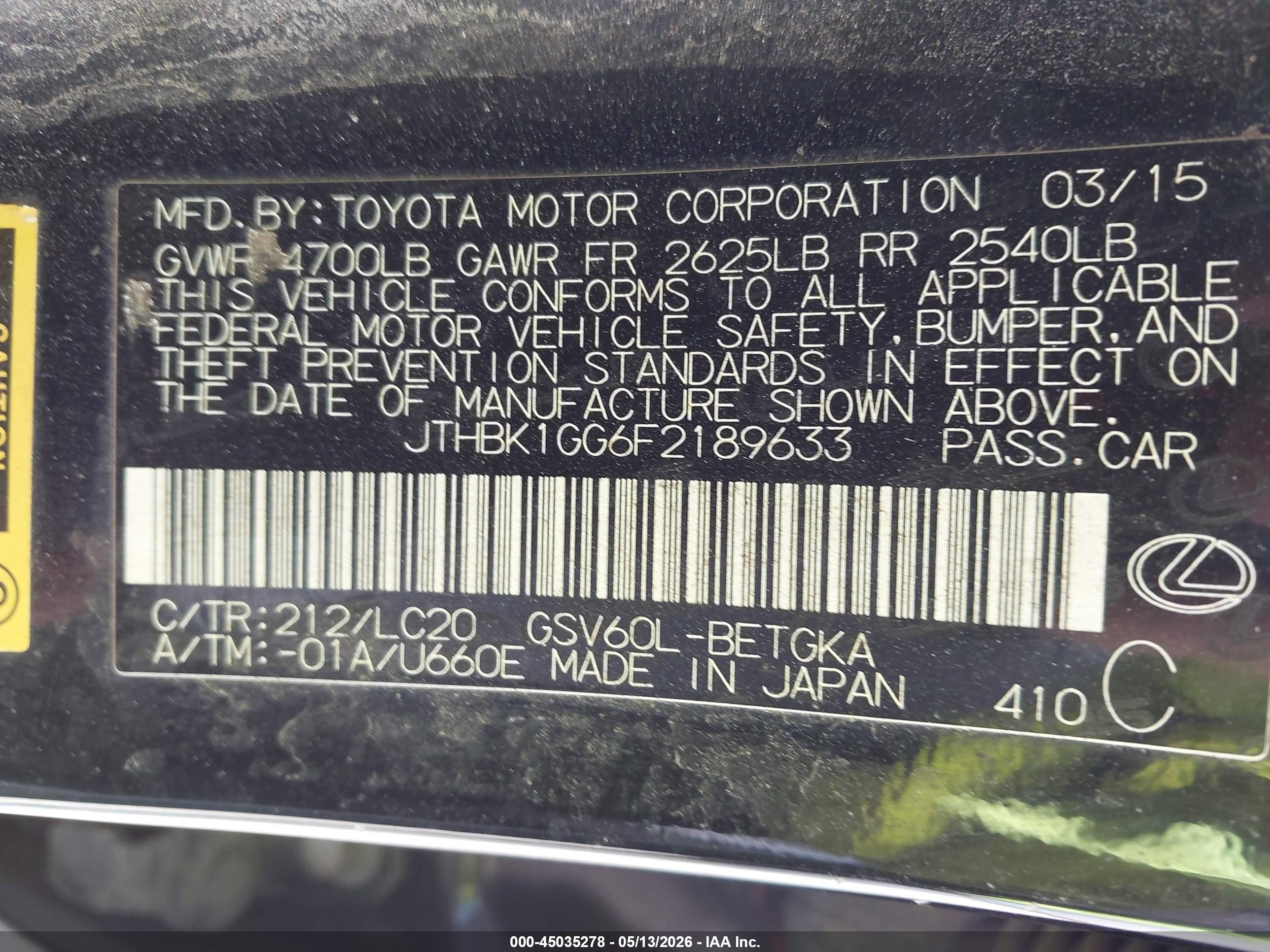 2015 Lexus Es 350   Black vin: JTHBK1GG6F2189633